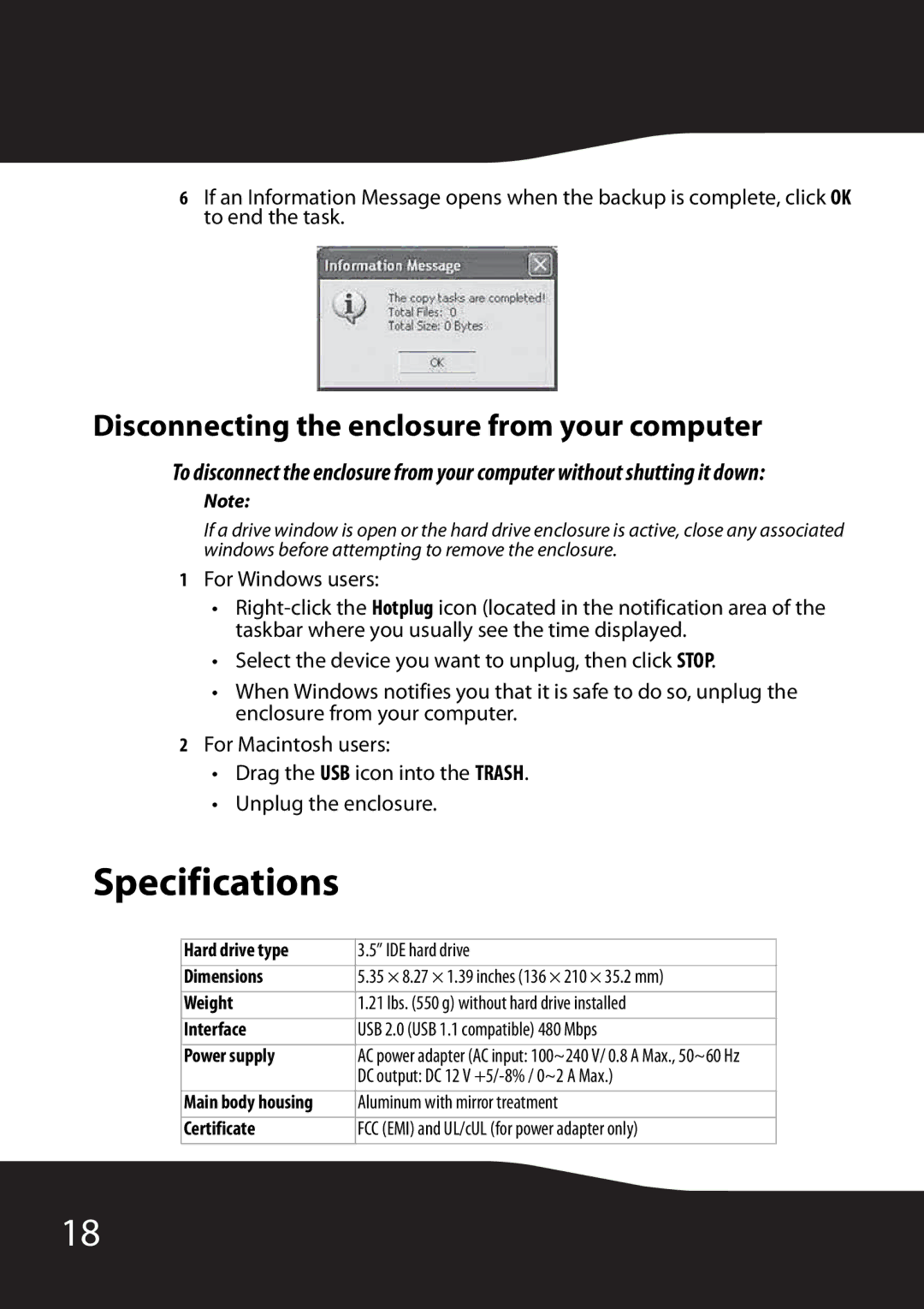 RocketFish RF-HD35 manual Specifications, Disconnecting the enclosure from your computer 