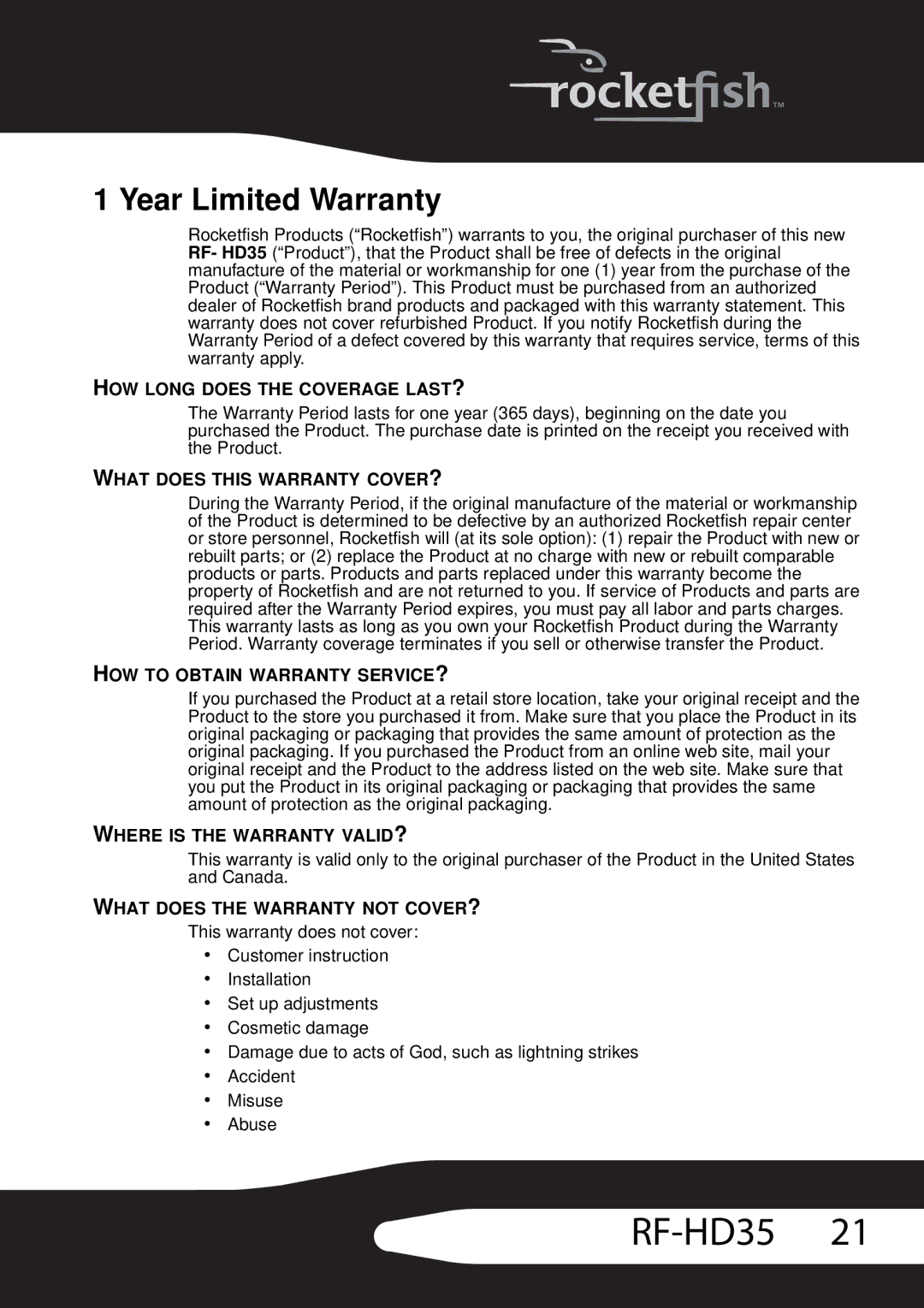 RocketFish RF-HD35 manual Year Limited Warranty, HOW Long does the Coverage LAST? 