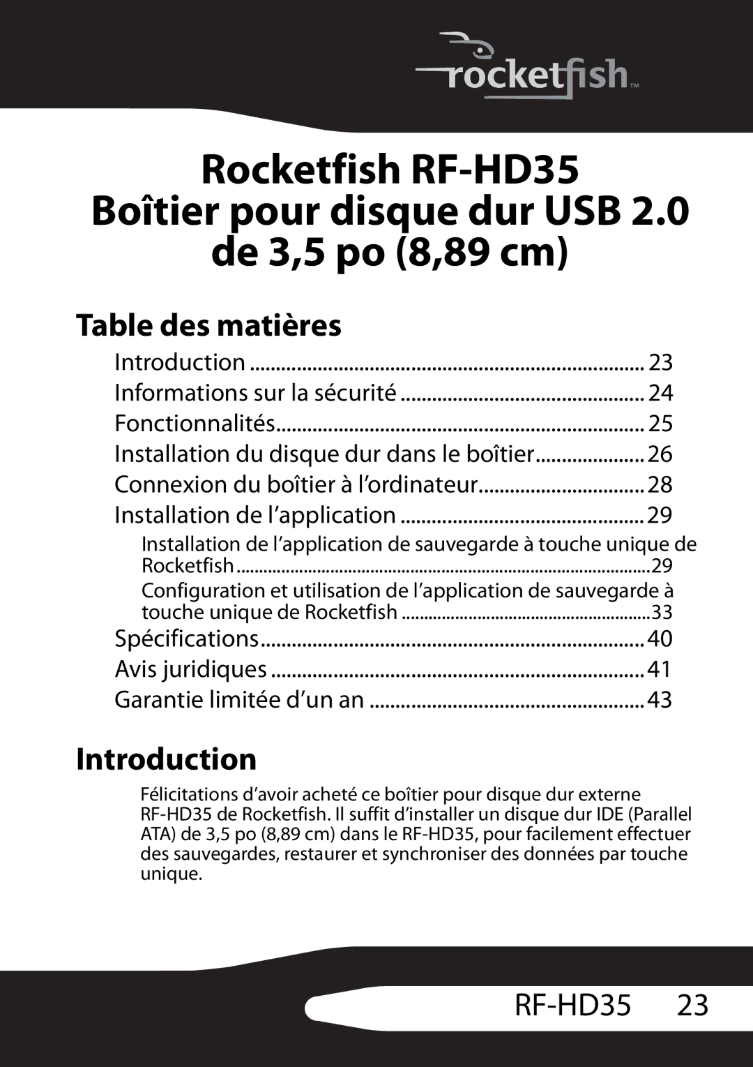 RocketFish RF-HD35 manual Table des matières, Installation du disque dur dans le boîtier 