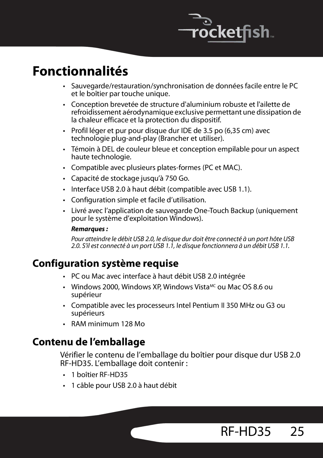 RocketFish RF-HD35 manual Fonctionnalités, Configuration système requise, Contenu de l’emballage 