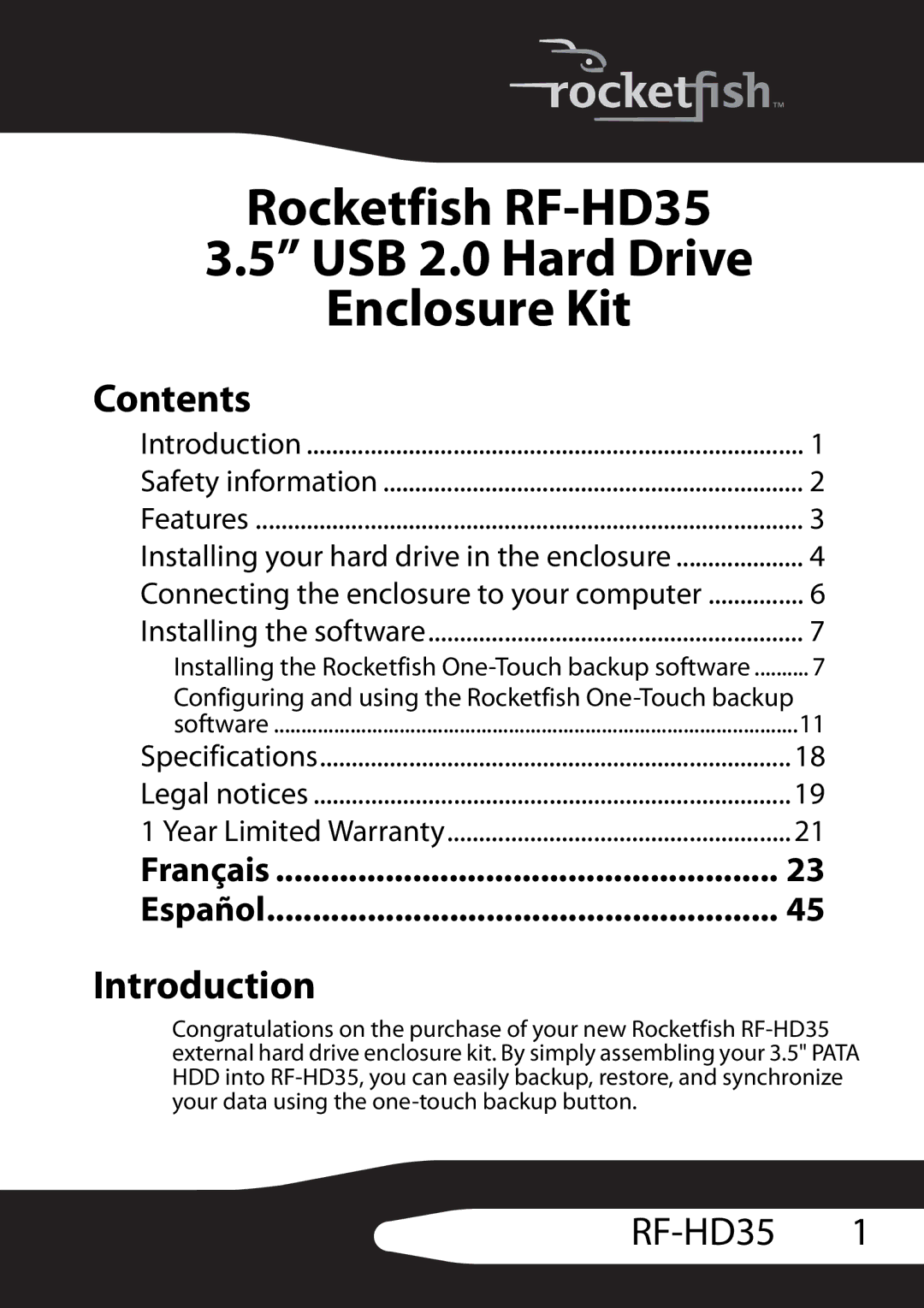 RocketFish RF-HD35 manual Contents, Introduction 