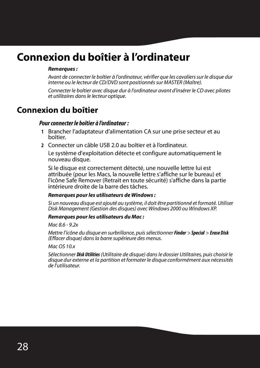 RocketFish RF-HD35 manual Connexion du boîtier à l’ordinateur, Pour connecter le boîtier à l’ordinateur 