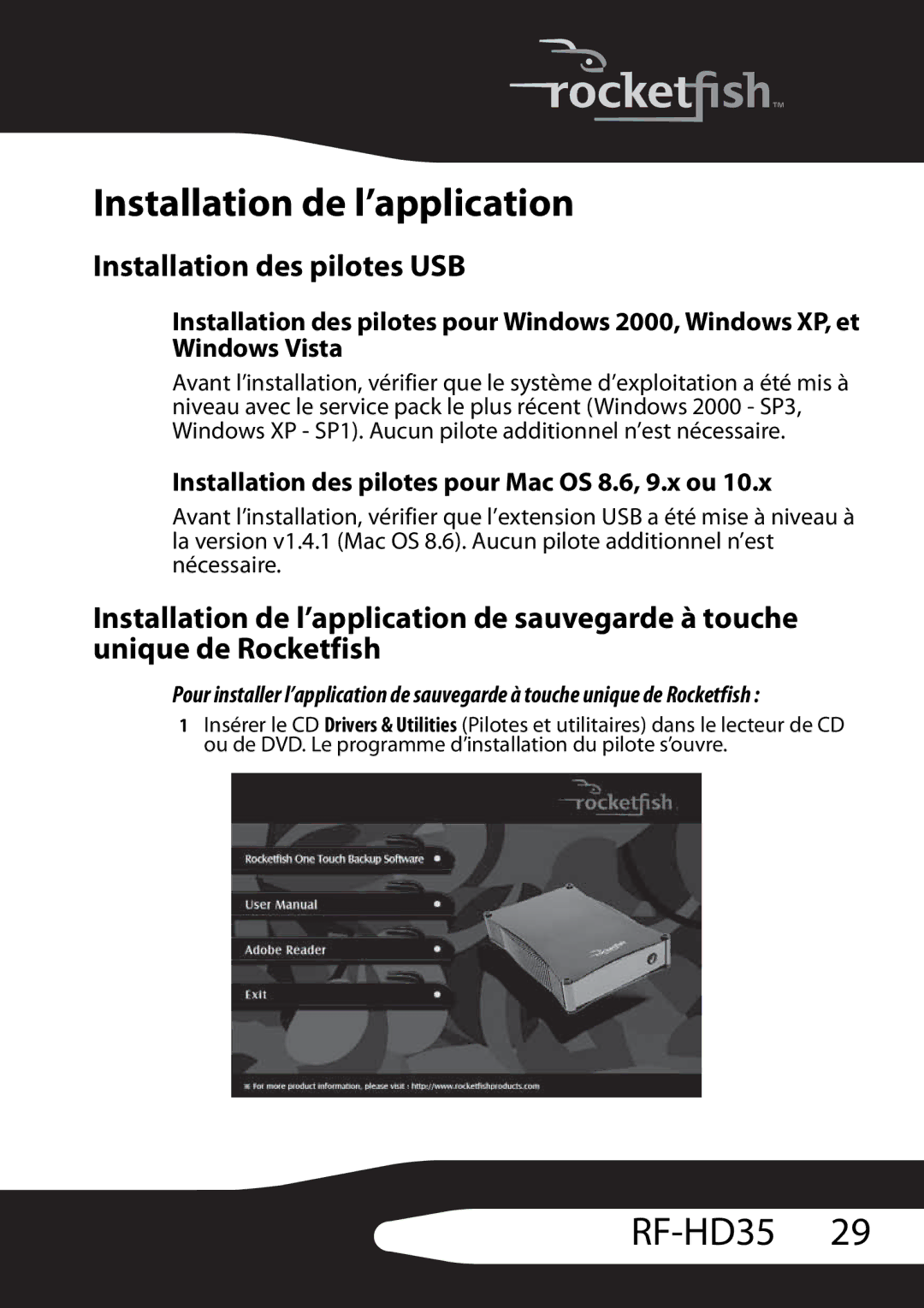 RocketFish RF-HD35 manual Installation de l’application, Installation des pilotes USB 