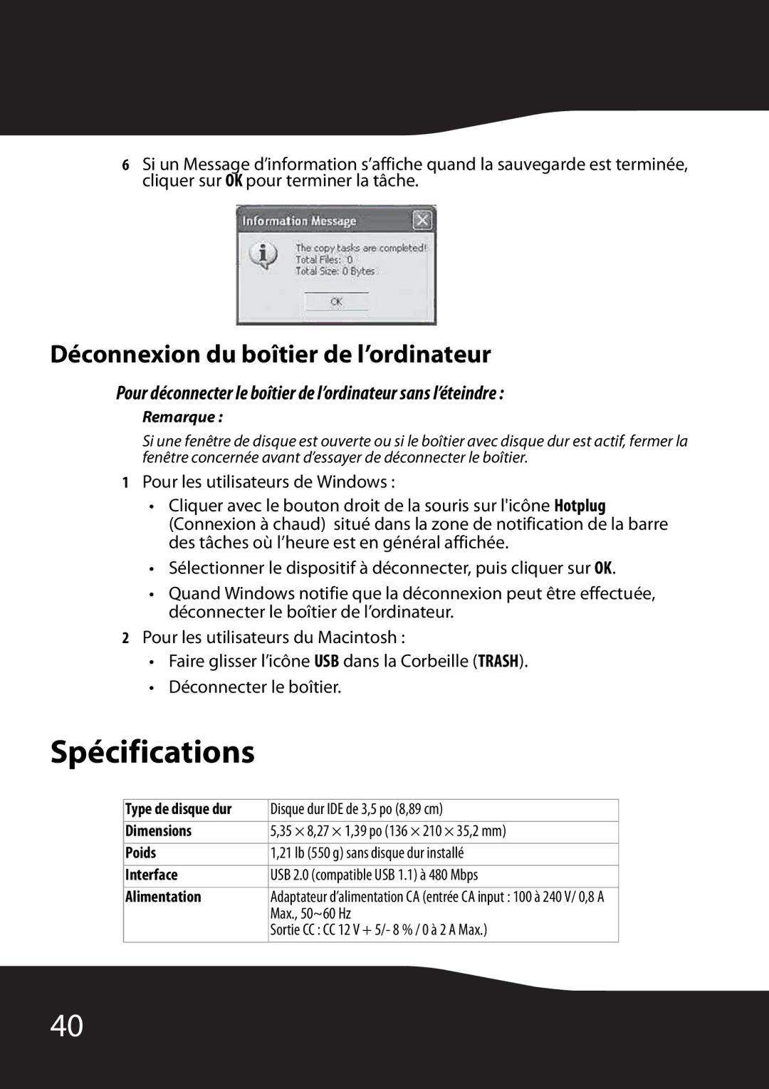 RocketFish RF-HD35 manual Spécifications, Déconnexion du boîtier de l’ordinateur 