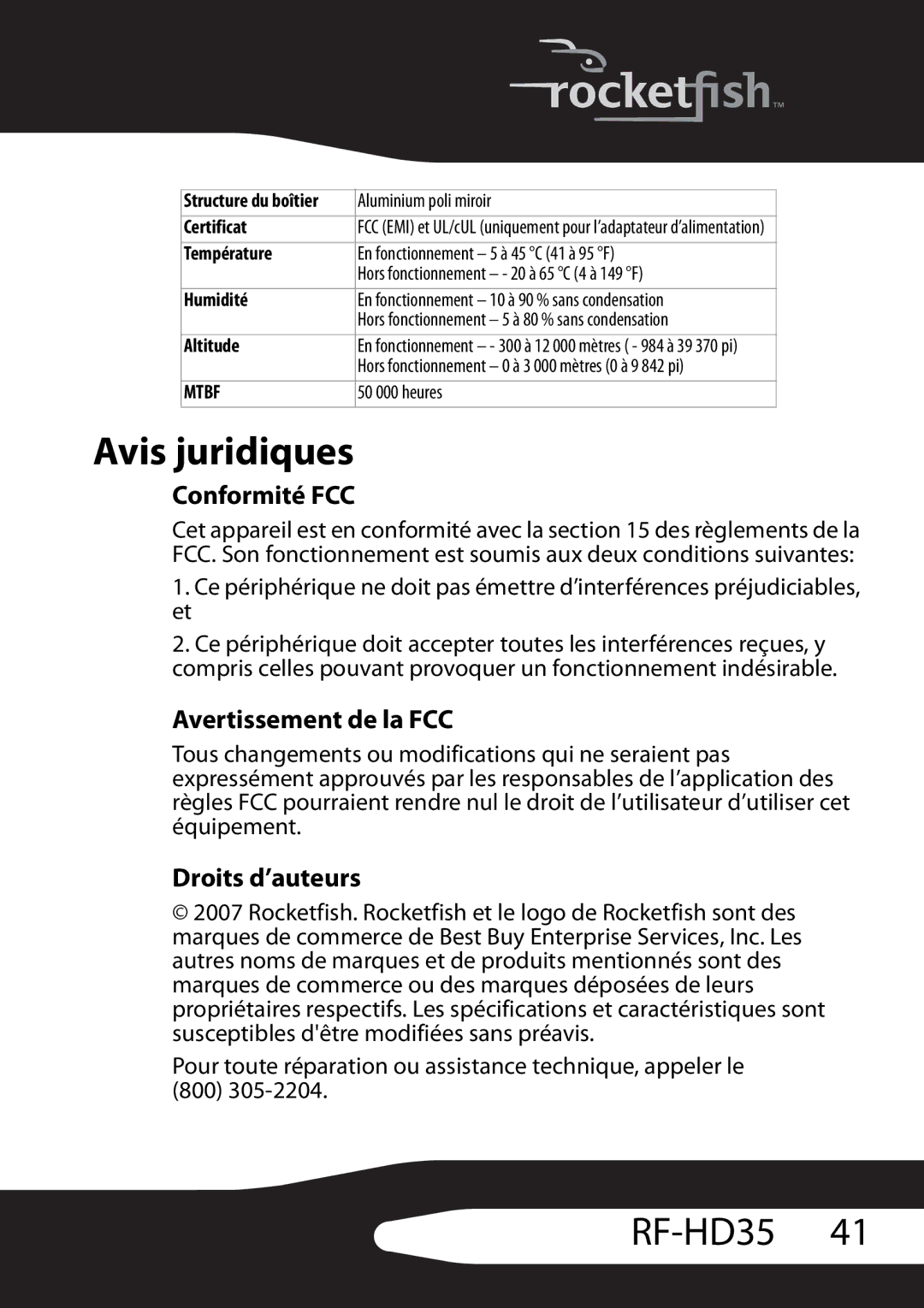 RocketFish RF-HD35 manual Avis juridiques, Humidité 