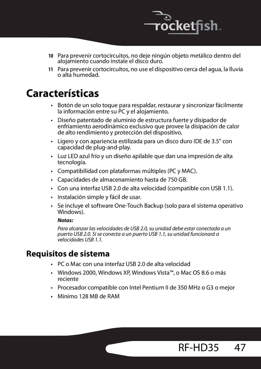 RocketFish RF-HD35 manual Características, Requisitos de sistema 