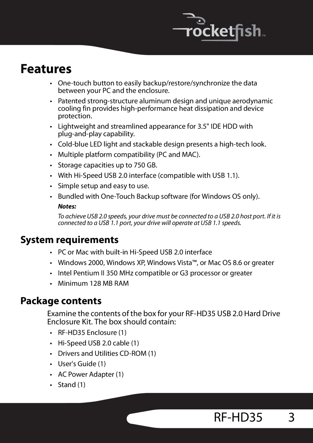 RocketFish RF-HD35 manual Features, System requirements, Package contents 