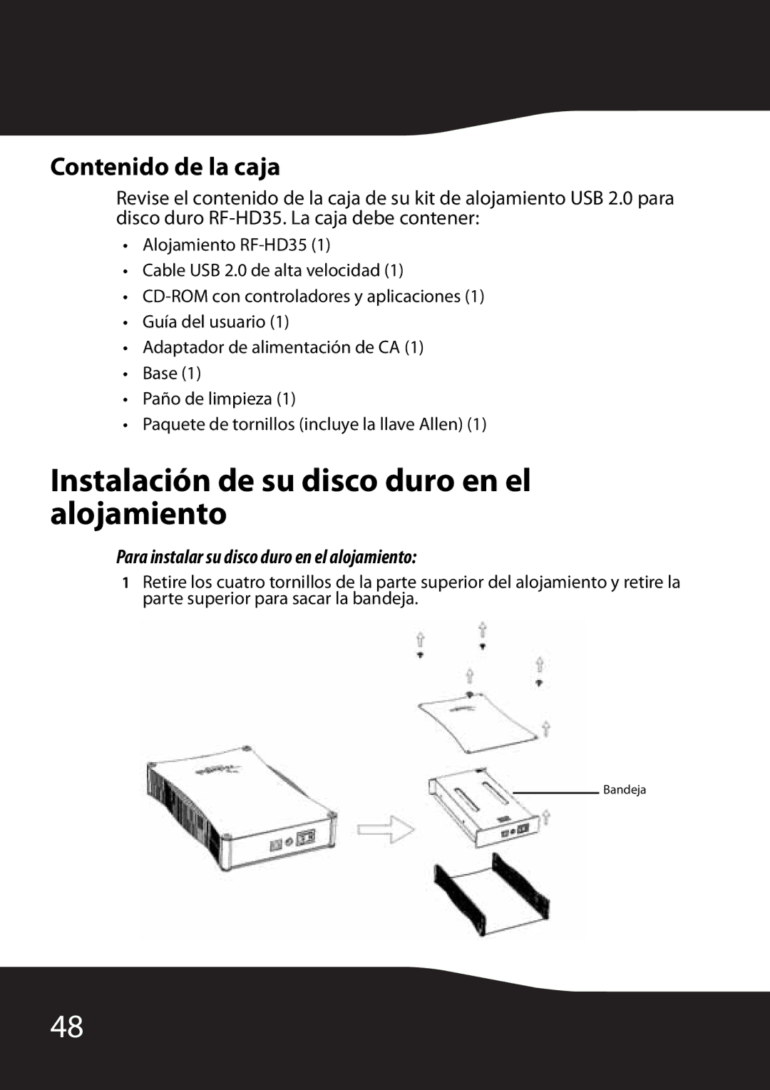 RocketFish RF-HD35 manual Instalación de su disco duro en el alojamiento, Contenido de la caja 