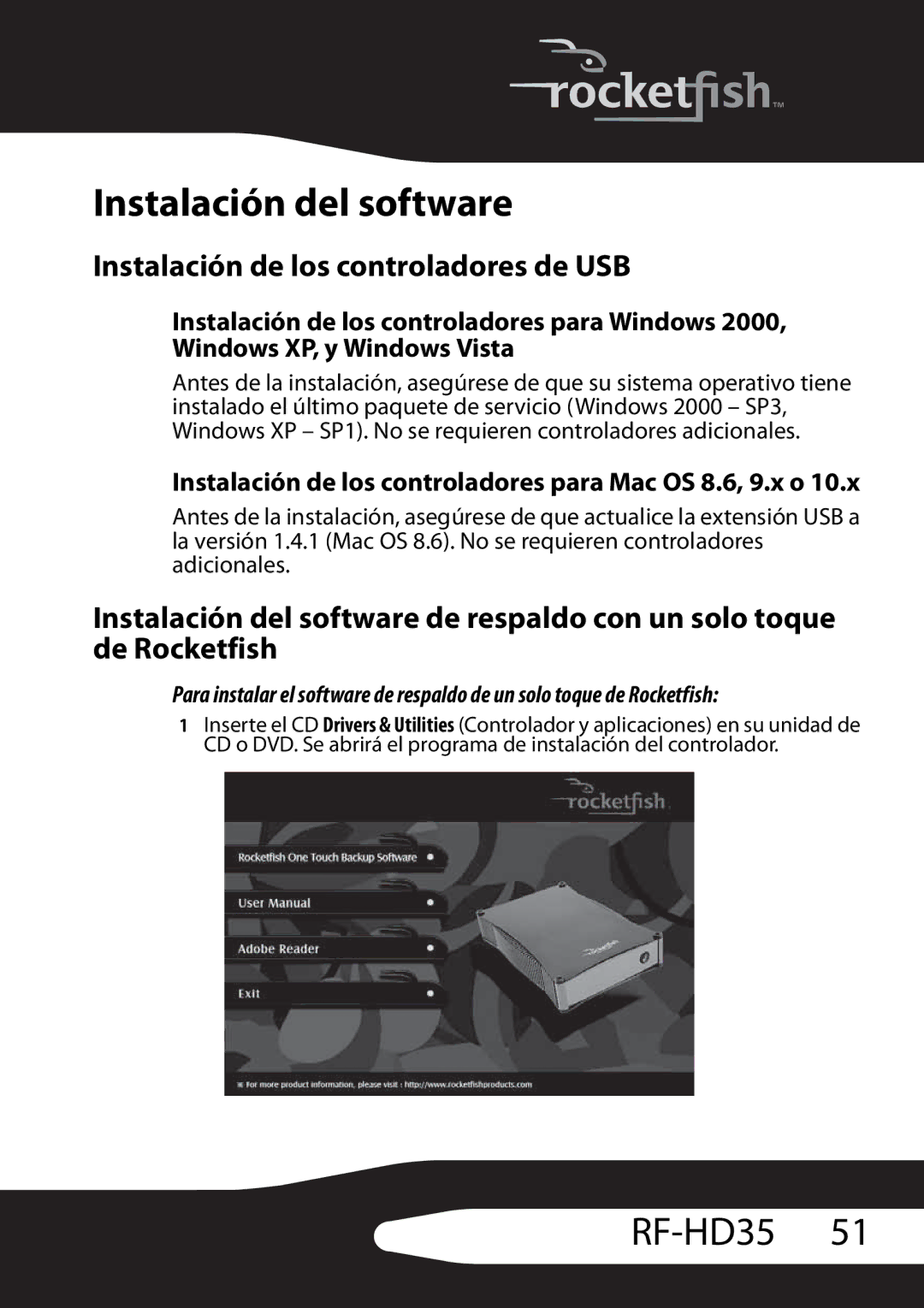 RocketFish RF-HD35 manual Instalación del software, Instalación de los controladores de USB 