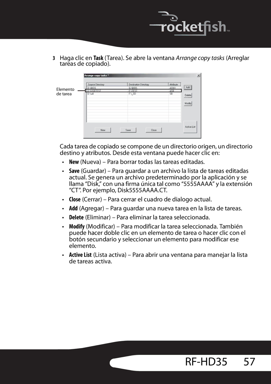 RocketFish RF-HD35 manual New Nueva Para borrar todas las tareas editadas 