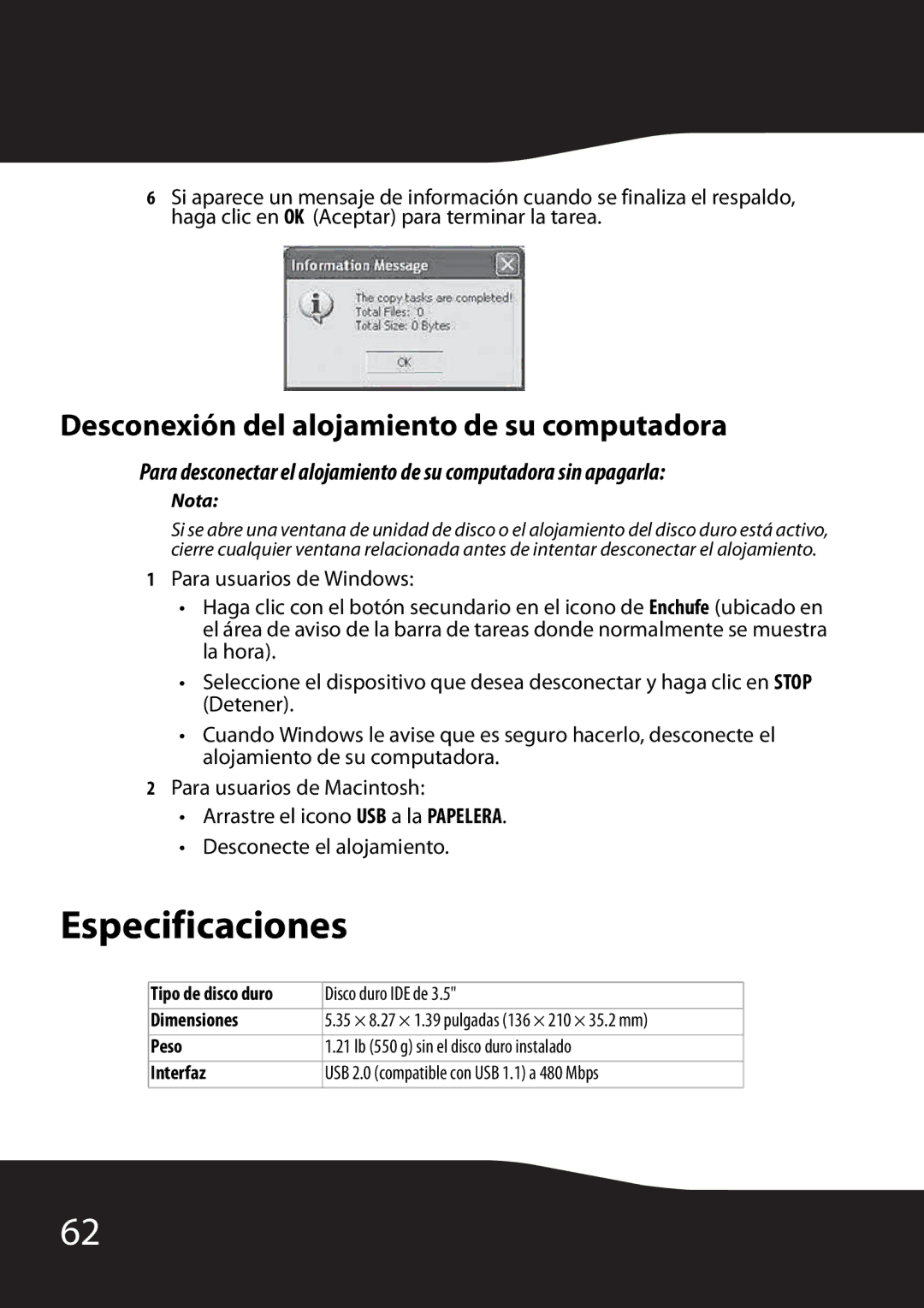 RocketFish RF-HD35 manual Especificaciones, Desconexión del alojamiento de su computadora 