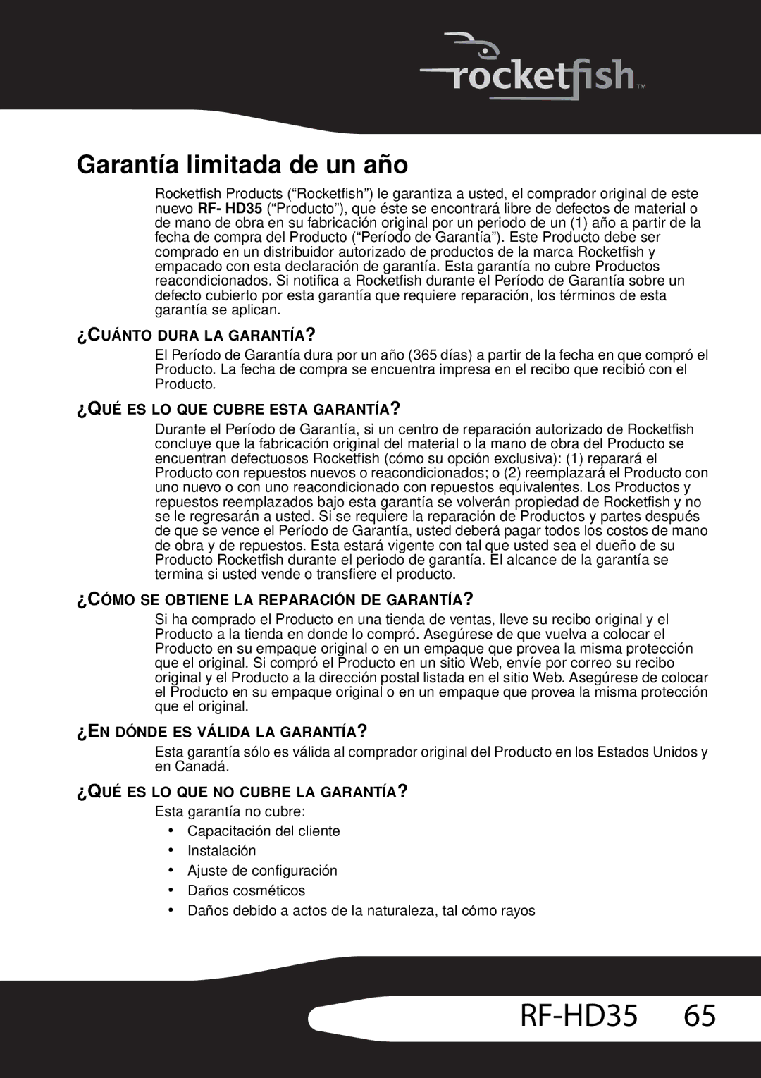 RocketFish RF-HD35 manual Garantía limitada de un año, ¿CUÁNTO Dura LA GARANTÍA? 