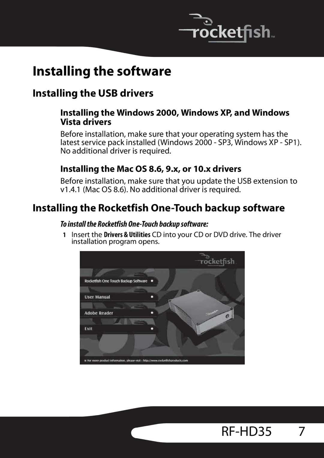 RocketFish RF-HD35 manual Installing the software, Installing the USB drivers 