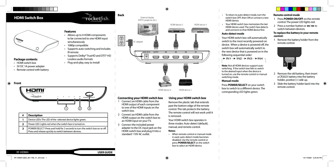 RocketFish RF-HDMI4 manual Back, Package contents, Front Features 
