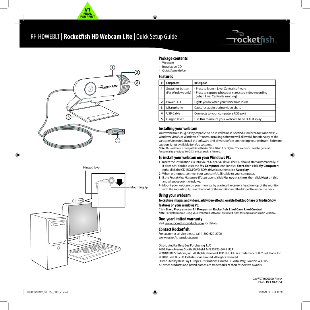 RocketFish warranty RF-HDWEBLT Rocketfish HD Webcam Lite Quick Setup Guide 