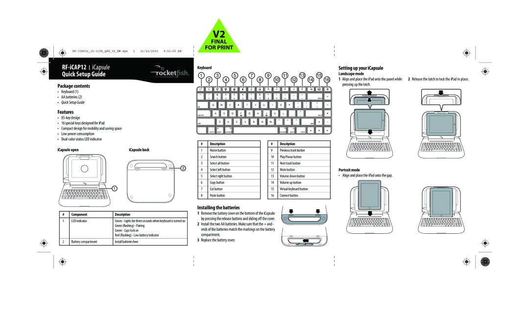 RocketFish RF-ICAP12 setup guide Package contents, Features, Setting up your iCapsule, Installing the batteries 