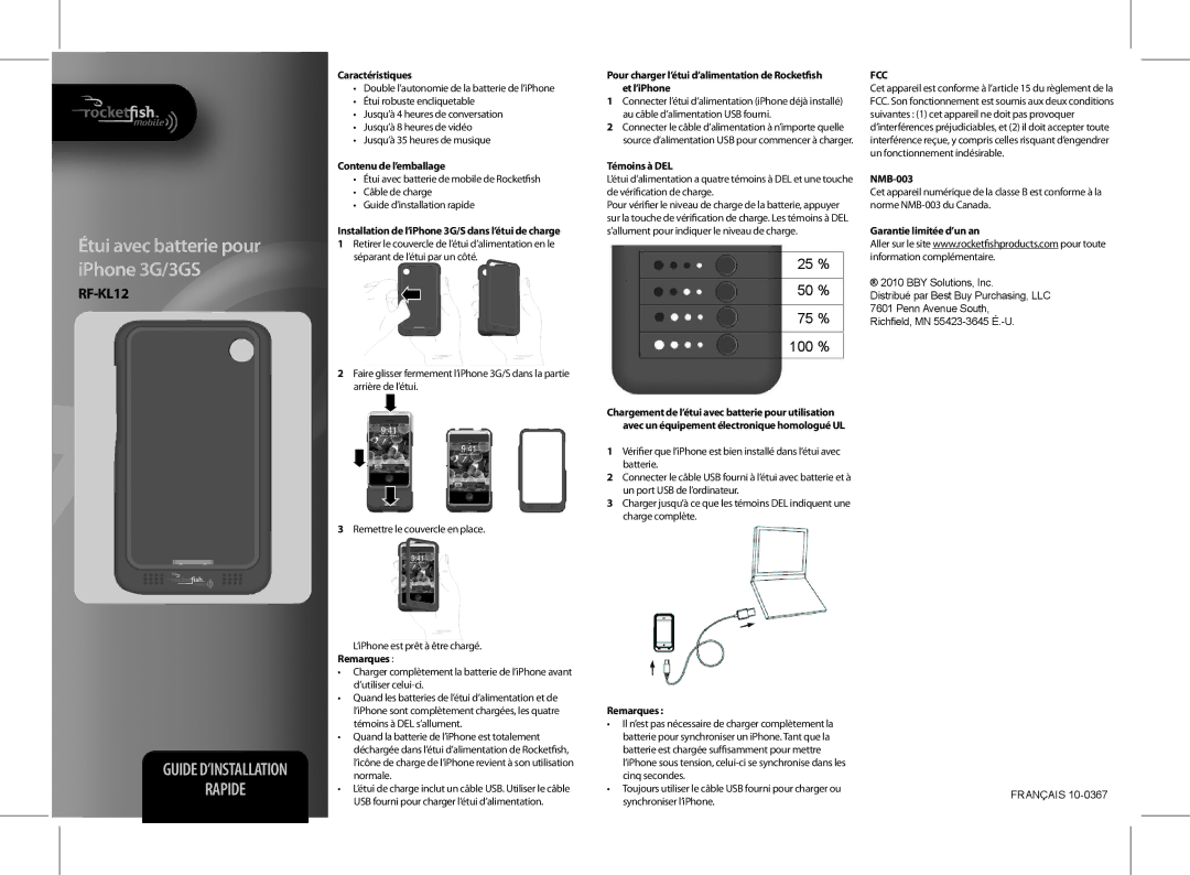 RocketFish RF-KL12 manual Caractéristiques, Contenu de l’emballage, Installation de l’iPhone 3G/S dans l’étui de charge 