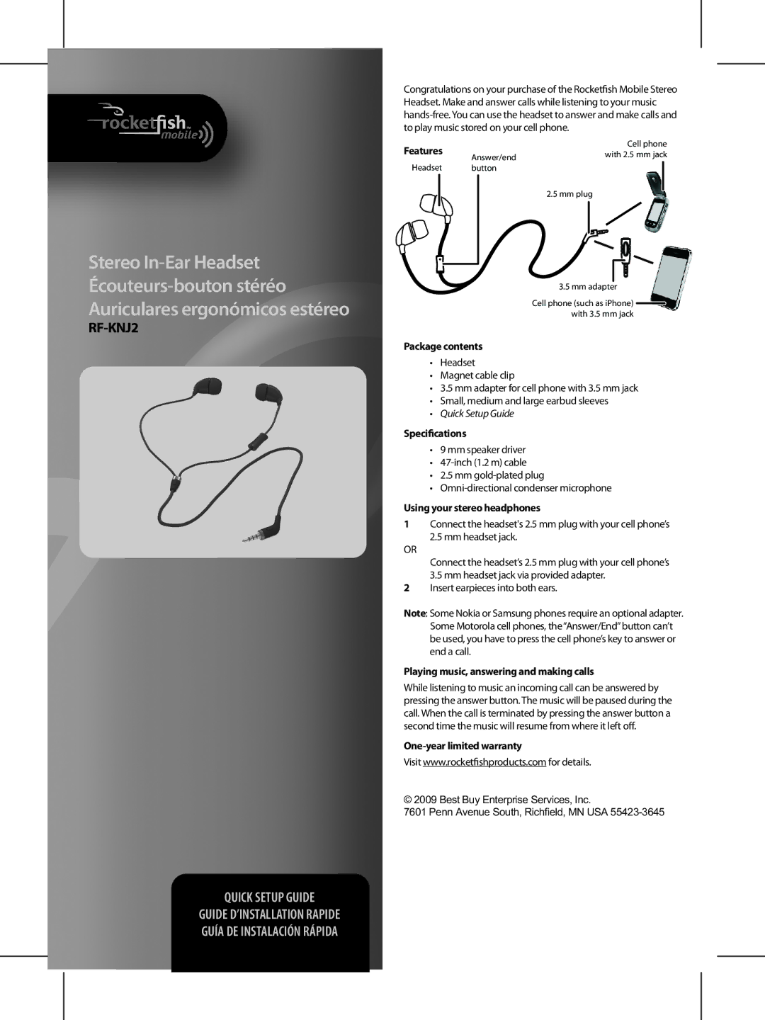 RocketFish RF-KNJ2 setup guide Features, Package contents, Speciﬁcations, Using your stereo headphones 