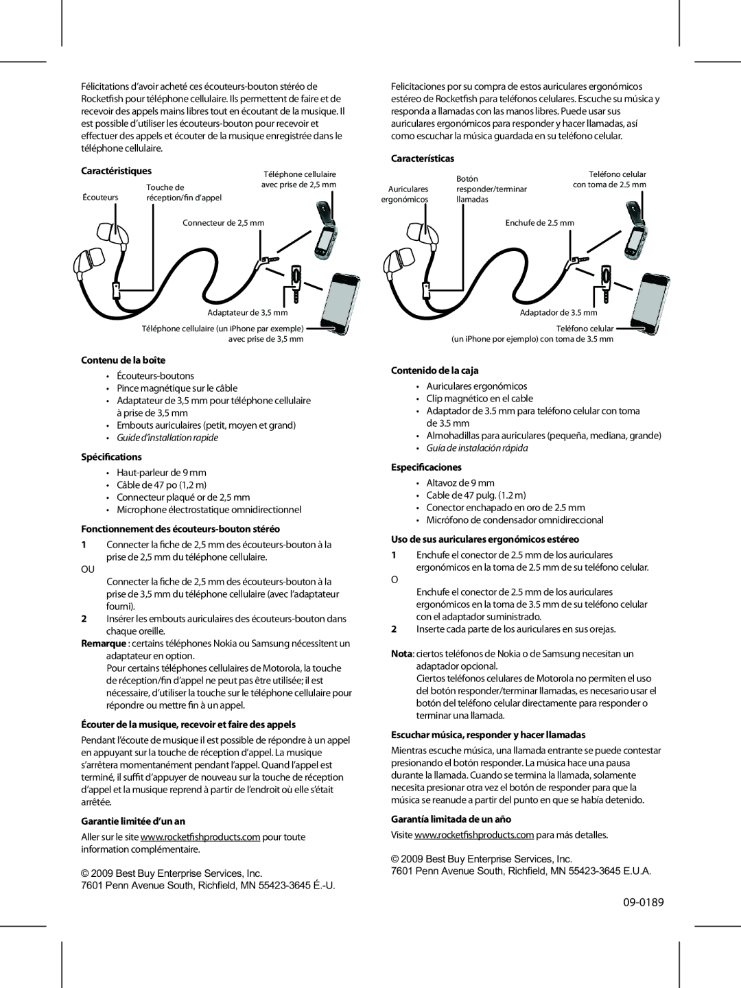 RocketFish RF-KNJ2 Caractéristiques, Contenu de la boîte, Spéciﬁcations, Fonctionnement des écouteurs-bouton stéréo 