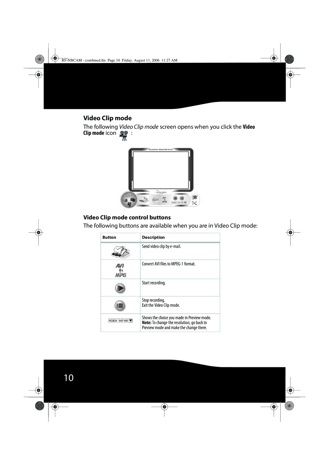 RocketFish RF-NBWEB, RF-NBCAM manual Clip mode icon Video Clip mode control buttons 