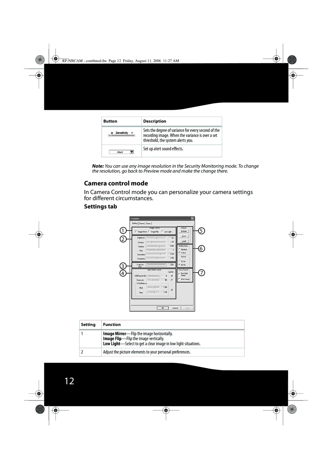 RocketFish RF-NBWEB manual Camera control mode, Settings tab, Threshold, the system alerts you, Set up alert sound effects 