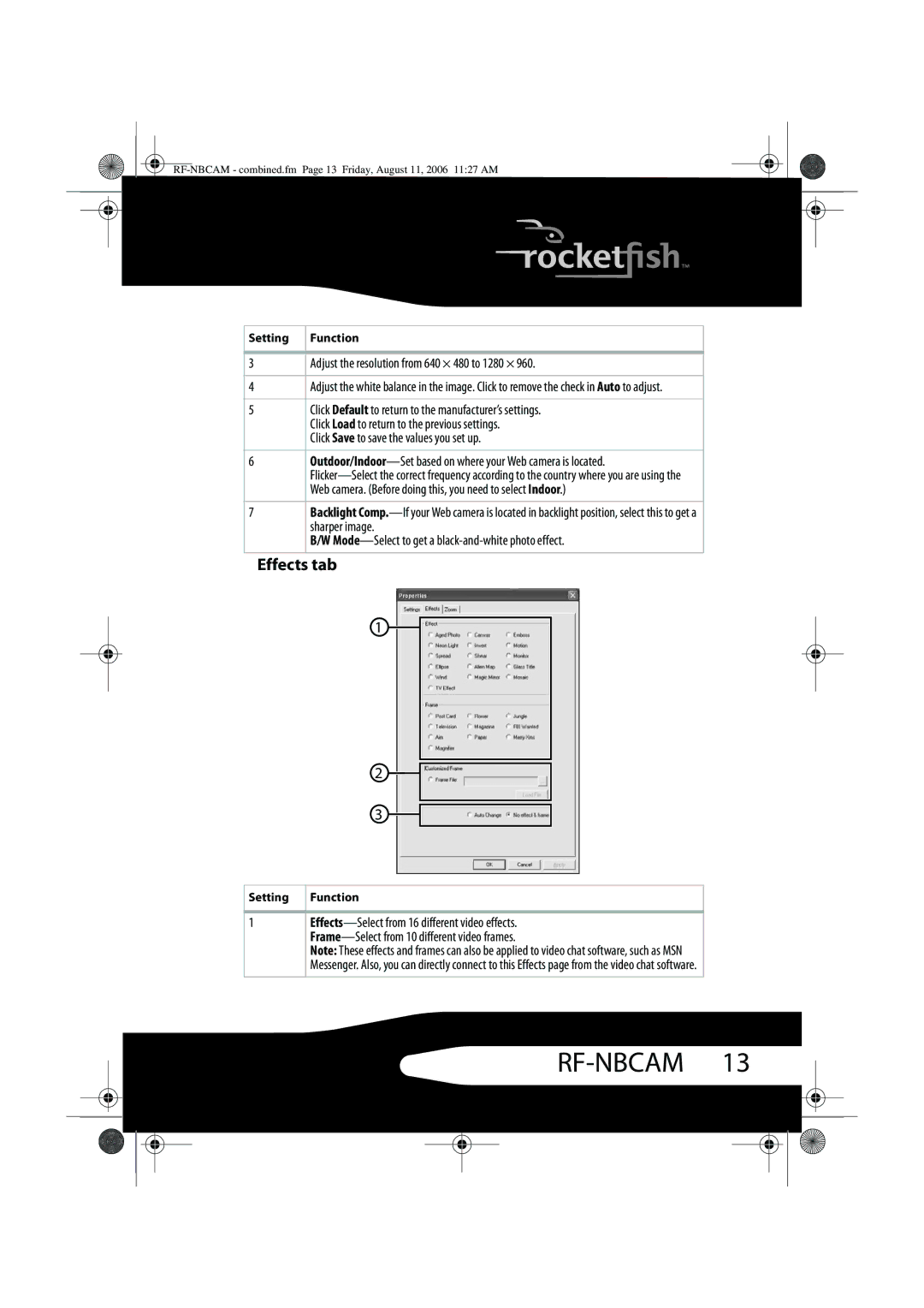 RocketFish RF-NBCAM, RF-NBWEB manual Effects tab 