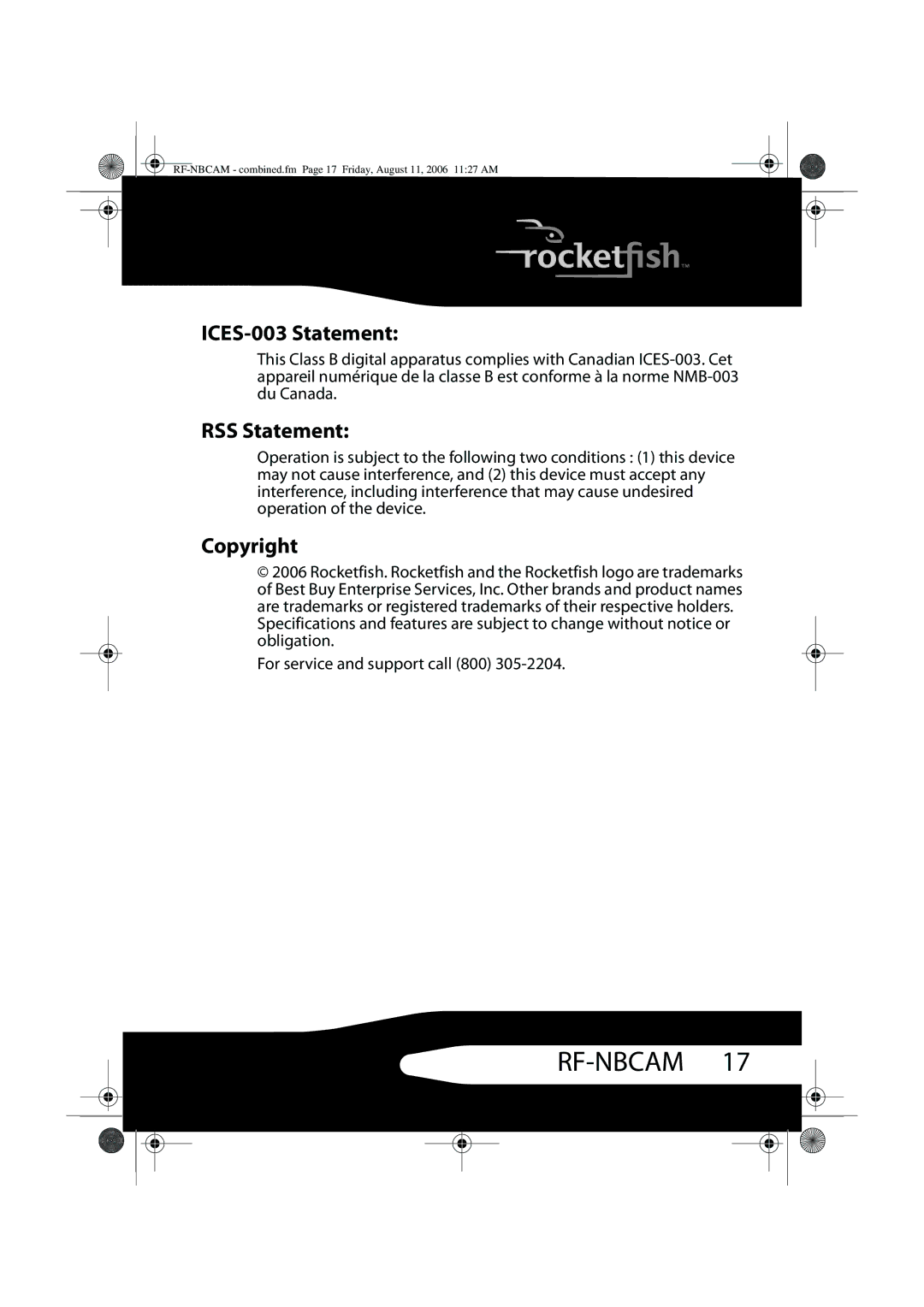 RocketFish RF-NBCAM, RF-NBWEB manual ICES-003 Statement, RSS Statement, Copyright 