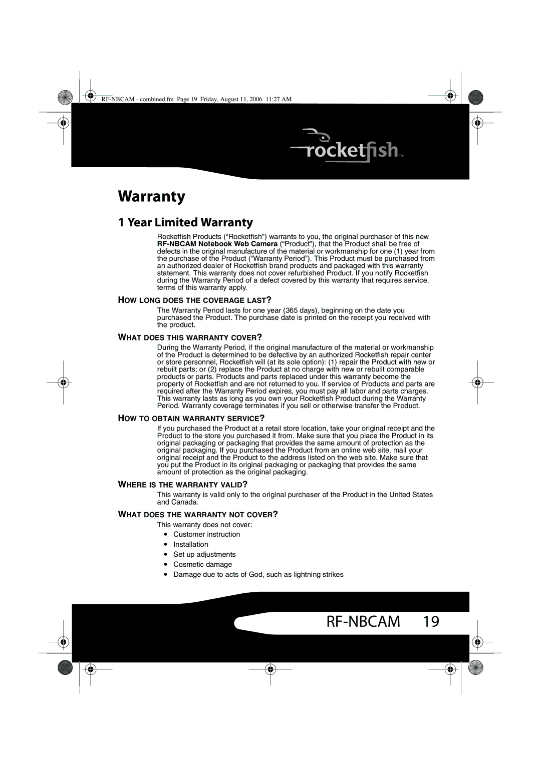 RocketFish RF-NBCAM, RF-NBWEB manual Year Limited Warranty 