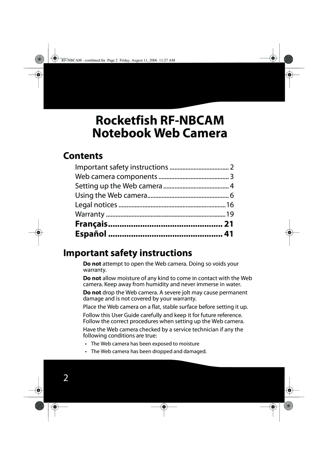 RocketFish RF-NBWEB, RF-NBCAM manual Contents, Important safety instructions 