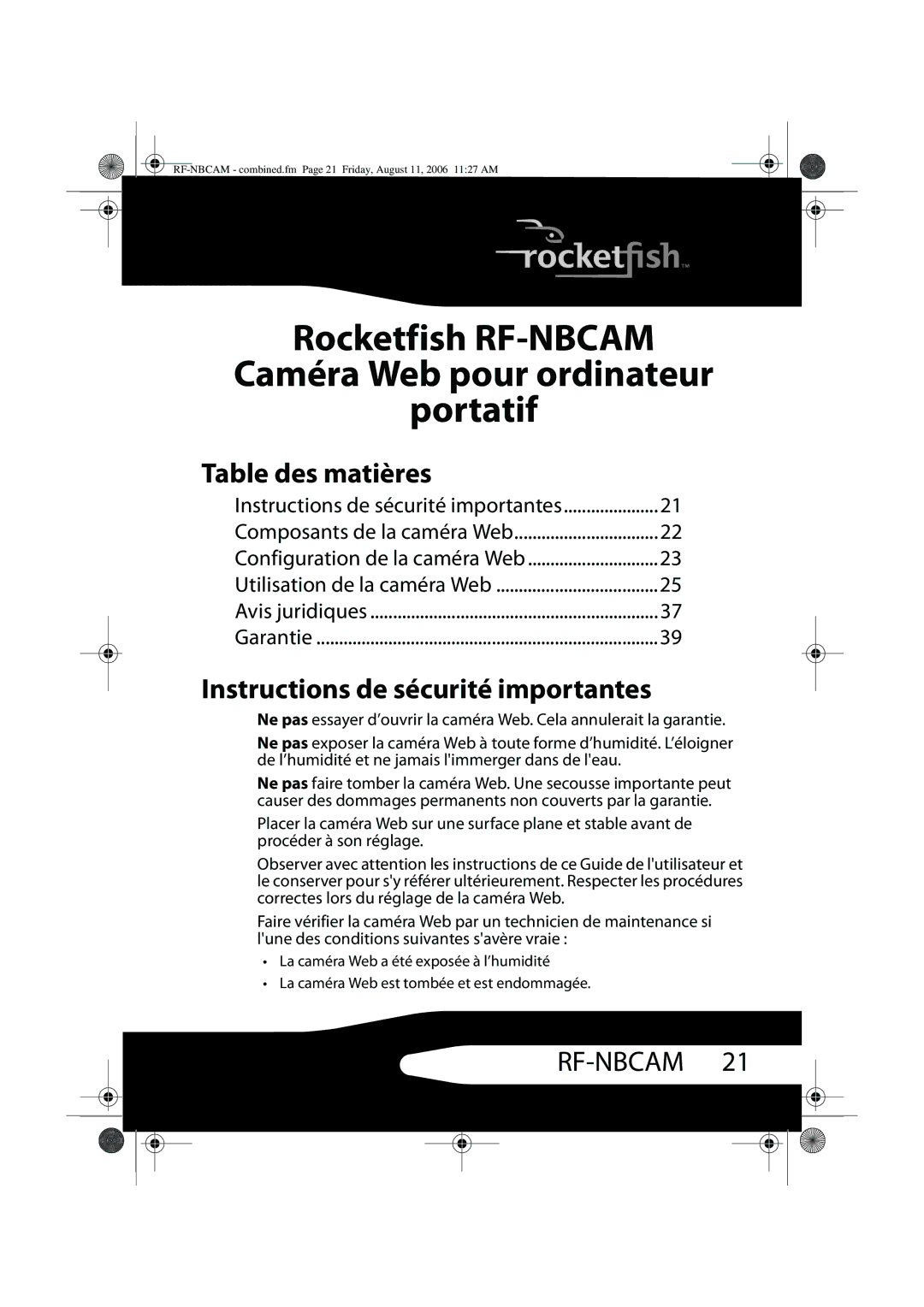 RocketFish RF-NBCAM, RF-NBWEB manual Table des matières, Instructions de sécurité importantes 