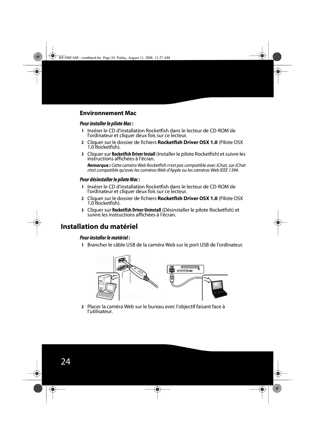 RocketFish RF-NBWEB Installation du matériel, Environnement Mac, Pour installer le pilote Mac, Pour installer le matériel 