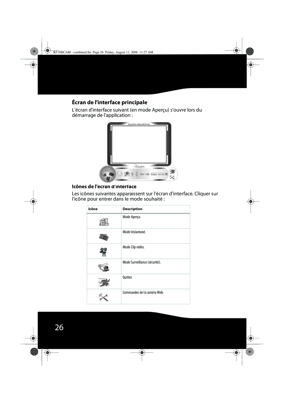 RocketFish RF-NBWEB, RF-NBCAM manual Écran de linterface principale, Icônes de lécran dinterface 