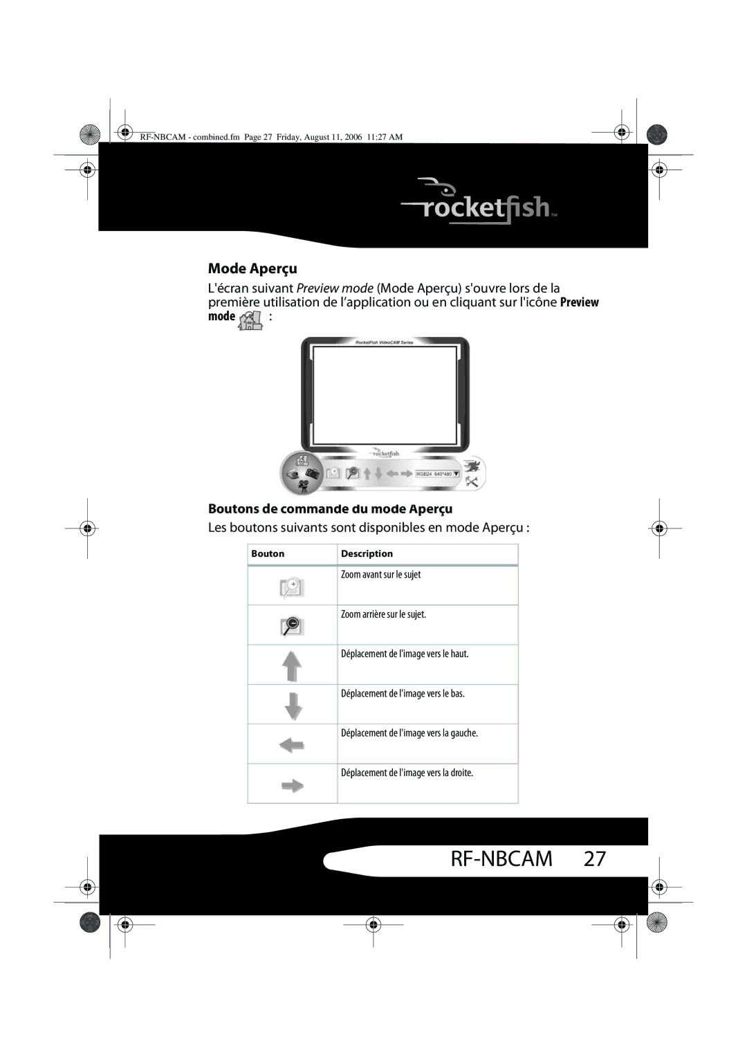 RocketFish RF-NBCAM, RF-NBWEB manual Mode Aperçu, Mode Boutons de commande du mode Aperçu, Zoom avant sur le sujet 