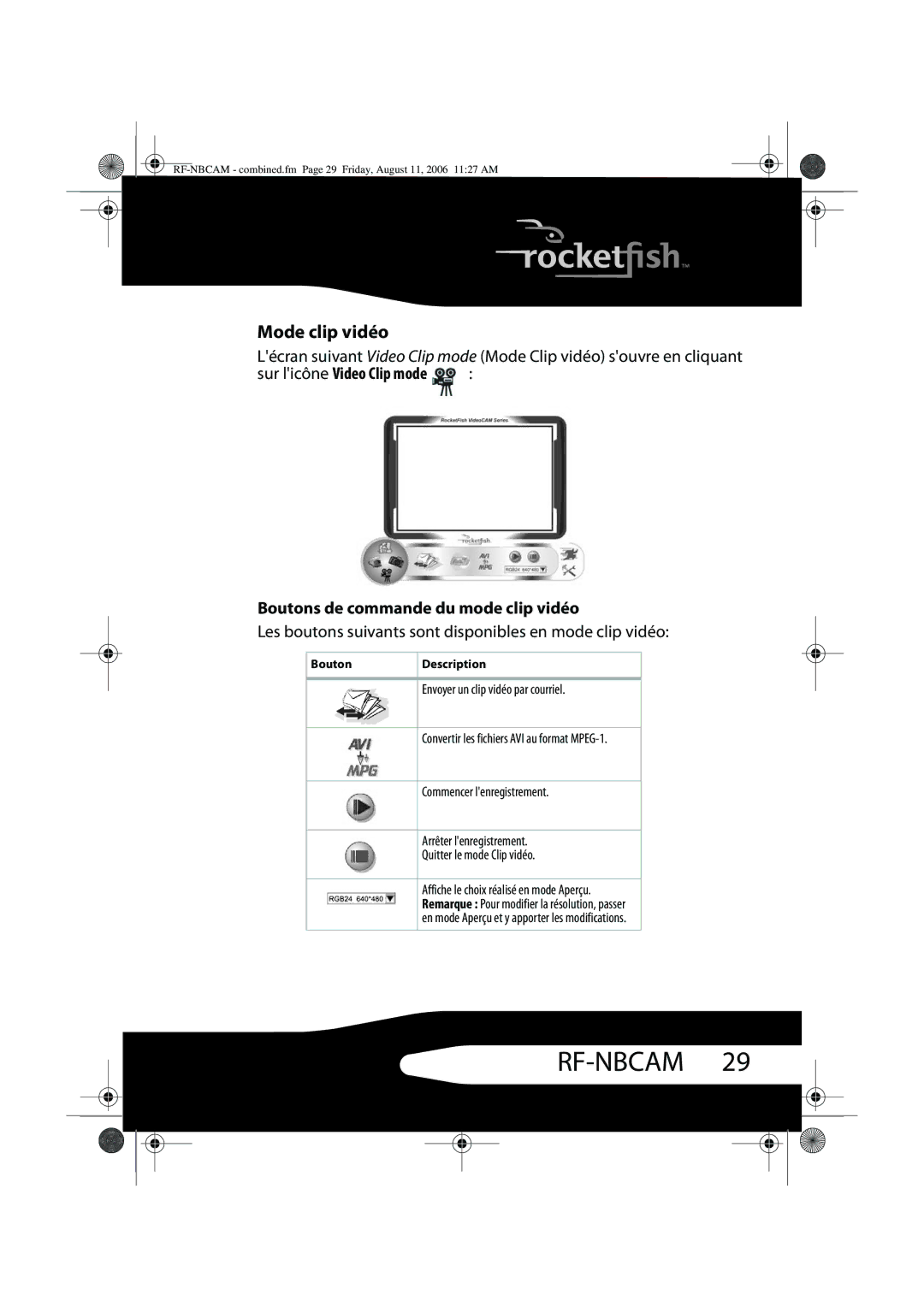 RocketFish RF-NBCAM, RF-NBWEB manual Mode clip vidéo, Envoyer un clip vidéo par courriel, Commencer lenregistrement 