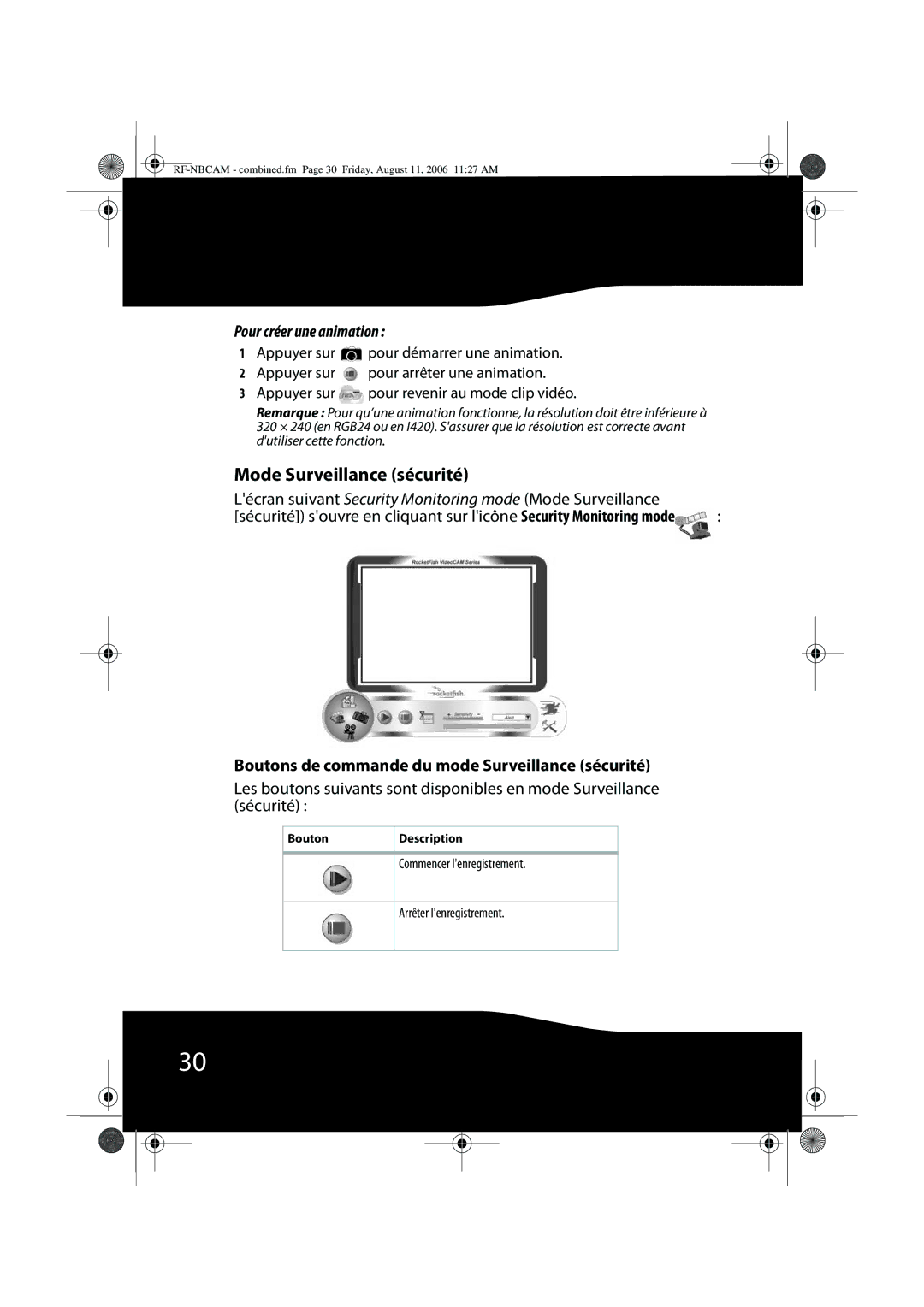 RocketFish RF-NBWEB, RF-NBCAM manual Mode Surveillance sécurité, Pour créer une animation 