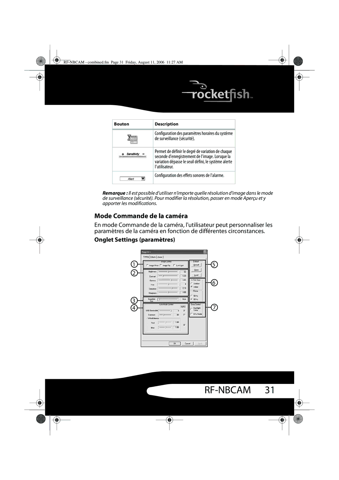 RocketFish RF-NBCAM manual Mode Commande de la caméra, Onglet Settings paramètres, De surveillance sécurité, ’utilisateur 