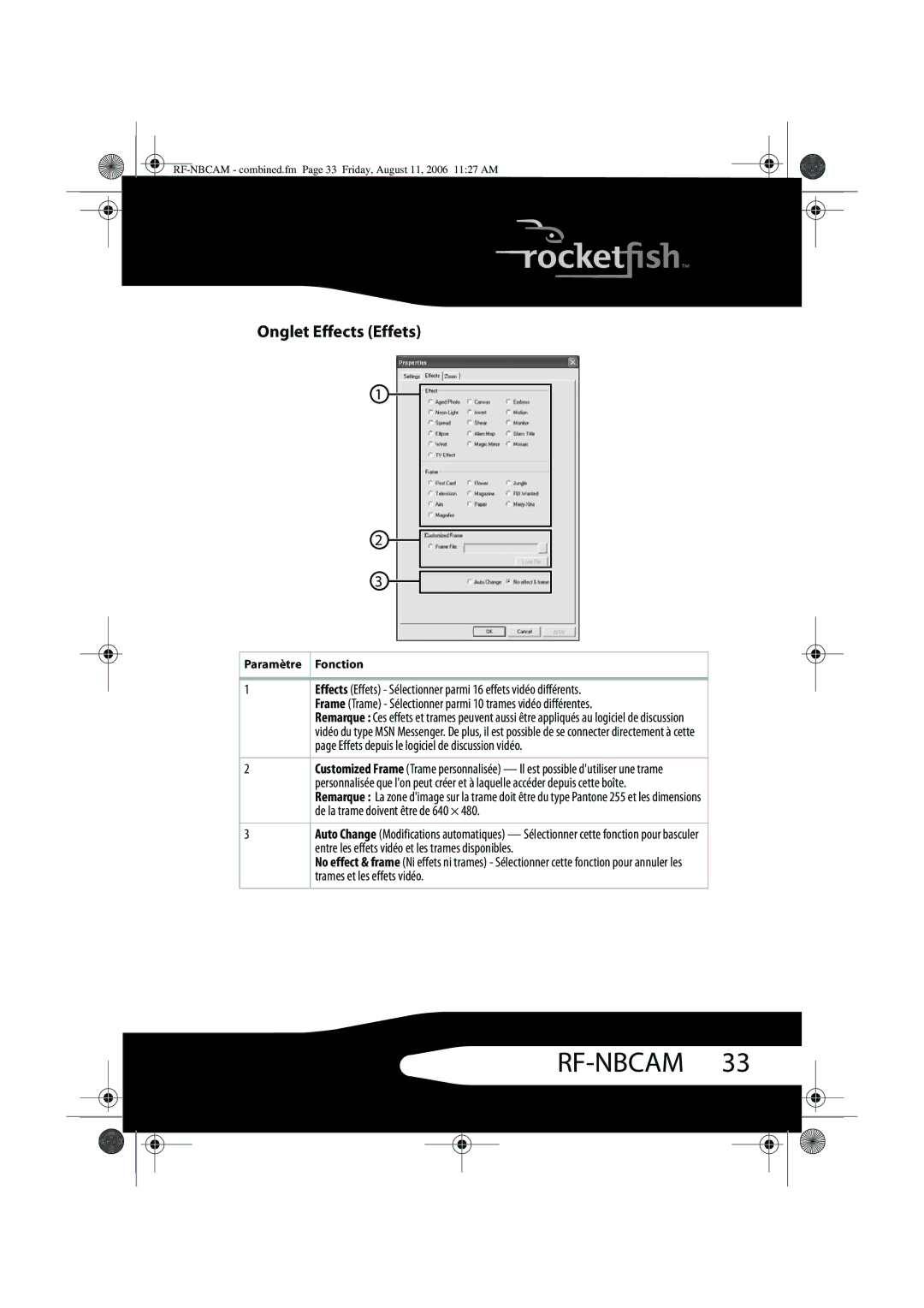 RocketFish RF-NBCAM, RF-NBWEB manual Onglet Effects Effets 