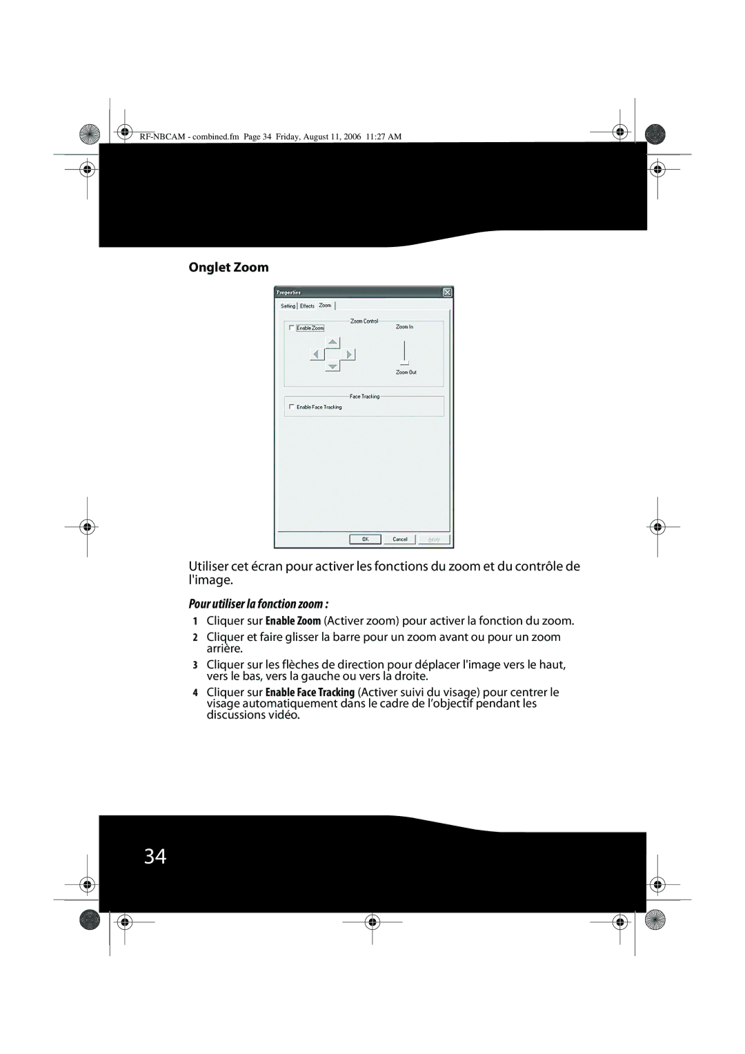 RocketFish RF-NBWEB, RF-NBCAM manual Onglet Zoom, Pour utiliser la fonction zoom 