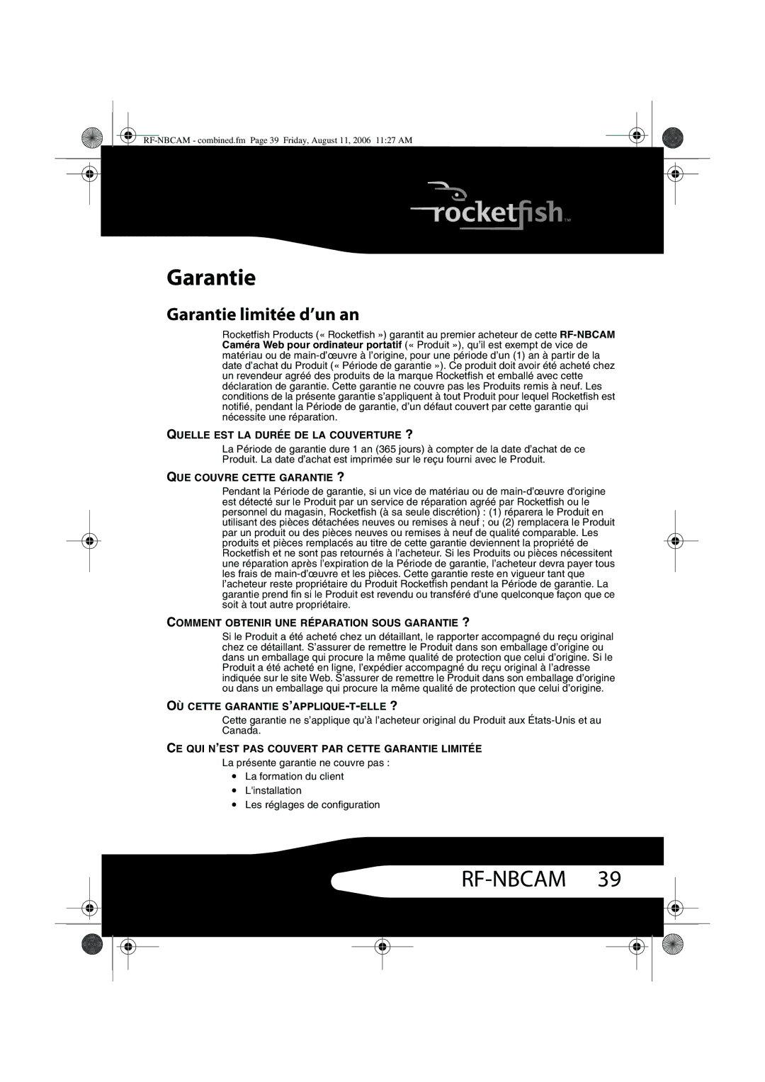 RocketFish RF-NBCAM, RF-NBWEB manual Garantie limitée d’un an 