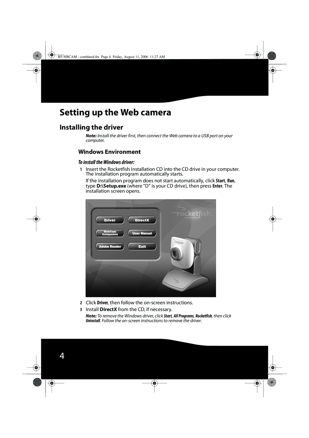 RocketFish RF-NBWEB Setting up the Web camera, Installing the driver, Windows Environment, To install the Windows driver 