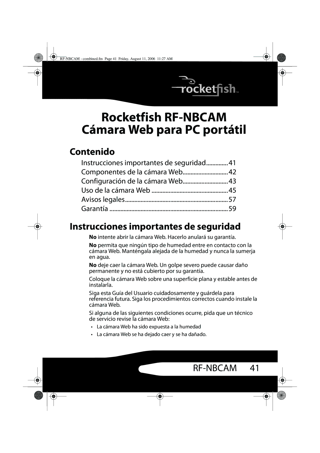 RocketFish RF-NBCAM, RF-NBWEB manual Contenido, Instrucciones importantes de seguridad 