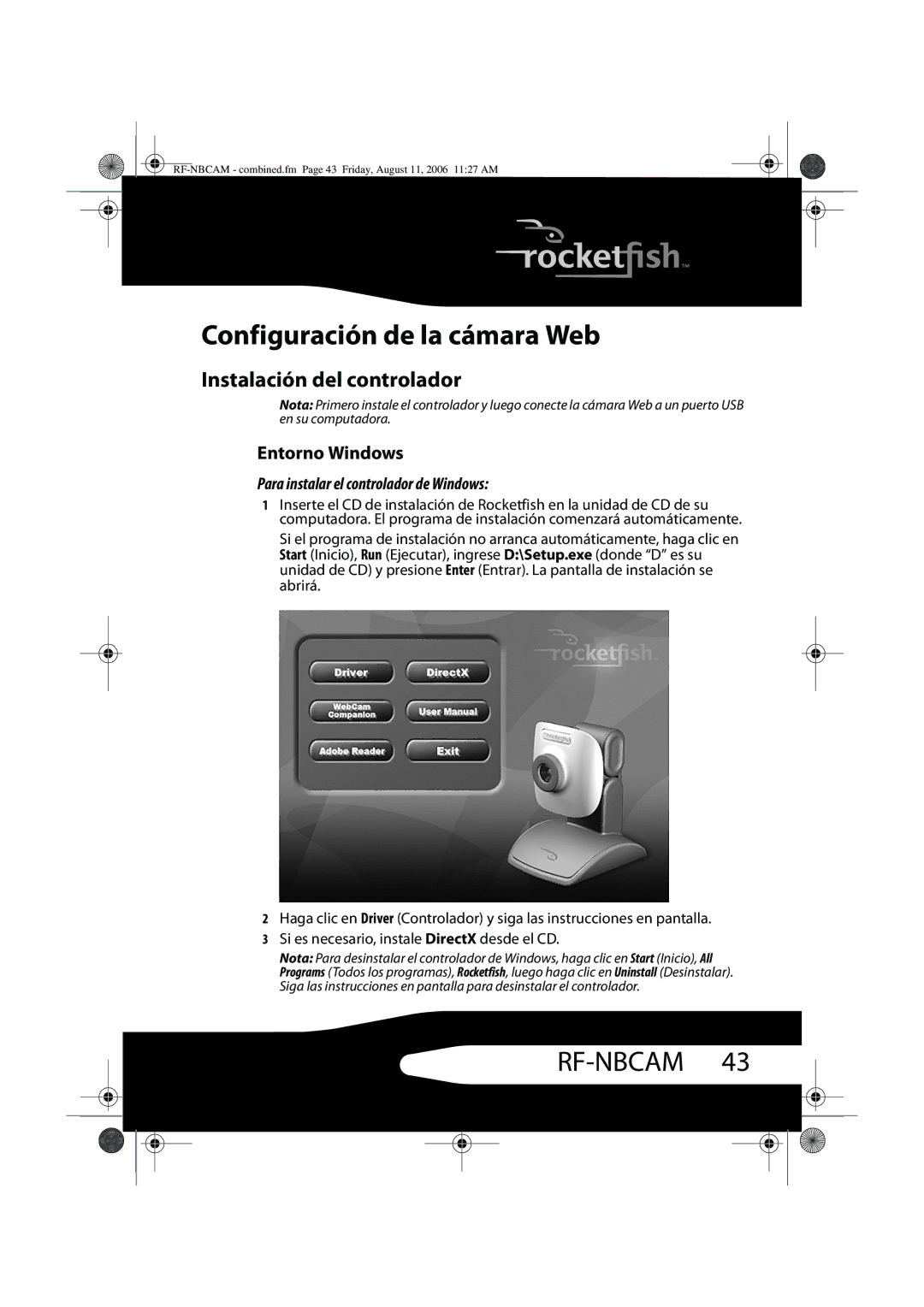 RocketFish RF-NBCAM, RF-NBWEB manual Configuración de la cámara Web, Instalación del controlador, Entorno Windows 