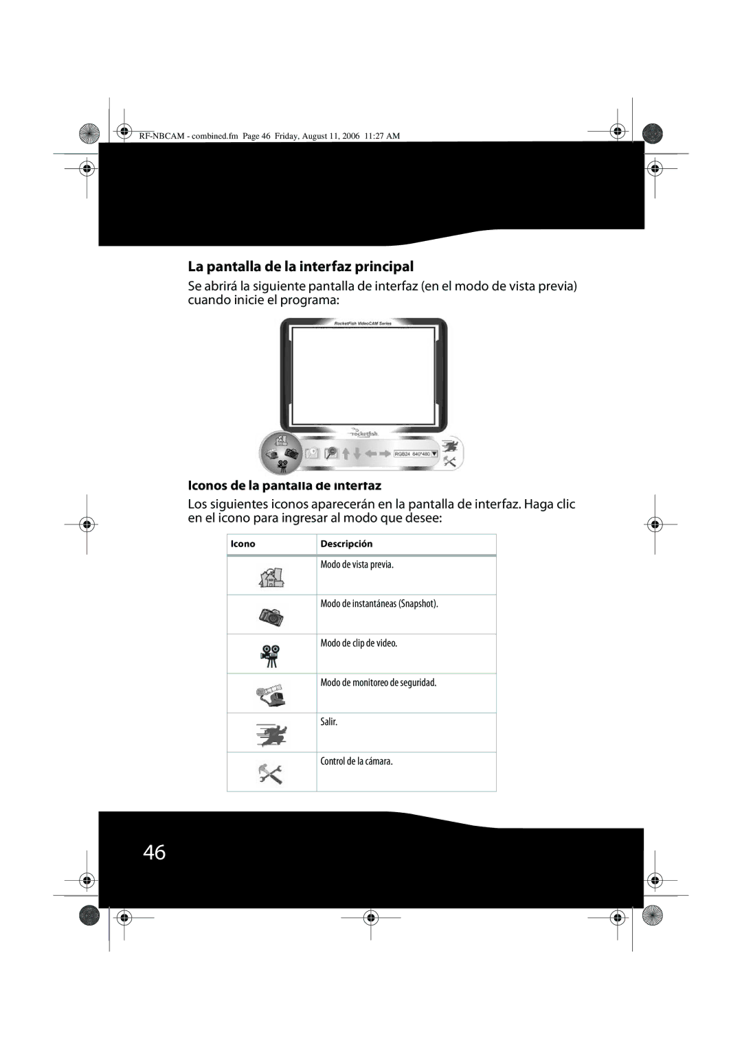 RocketFish RF-NBWEB, RF-NBCAM manual La pantalla de la interfaz principal, Iconos de la pantalla de interfaz 