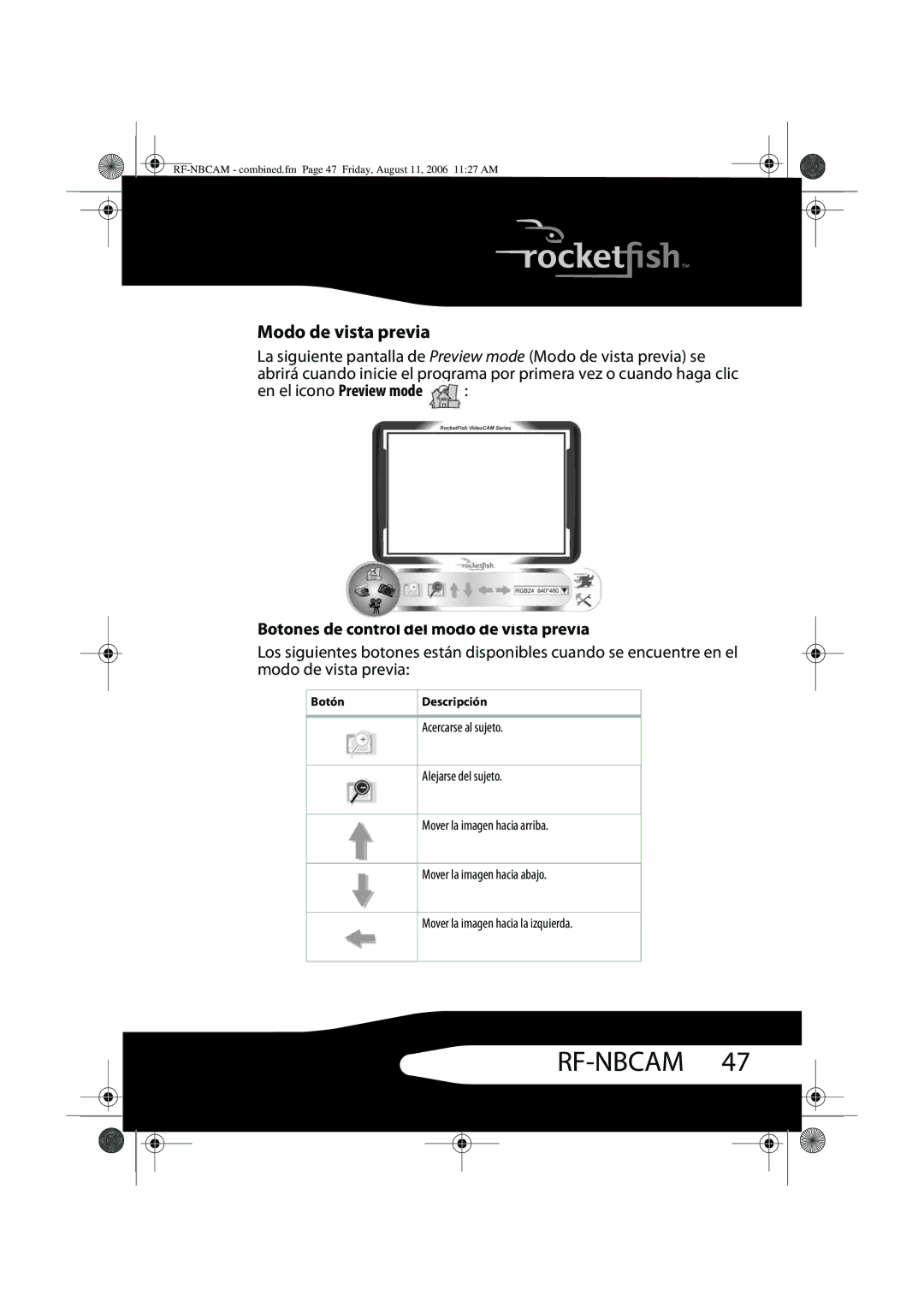 RocketFish RF-NBCAM, RF-NBWEB manual Modo de vista previa, Botones de control del modo de vista previa 