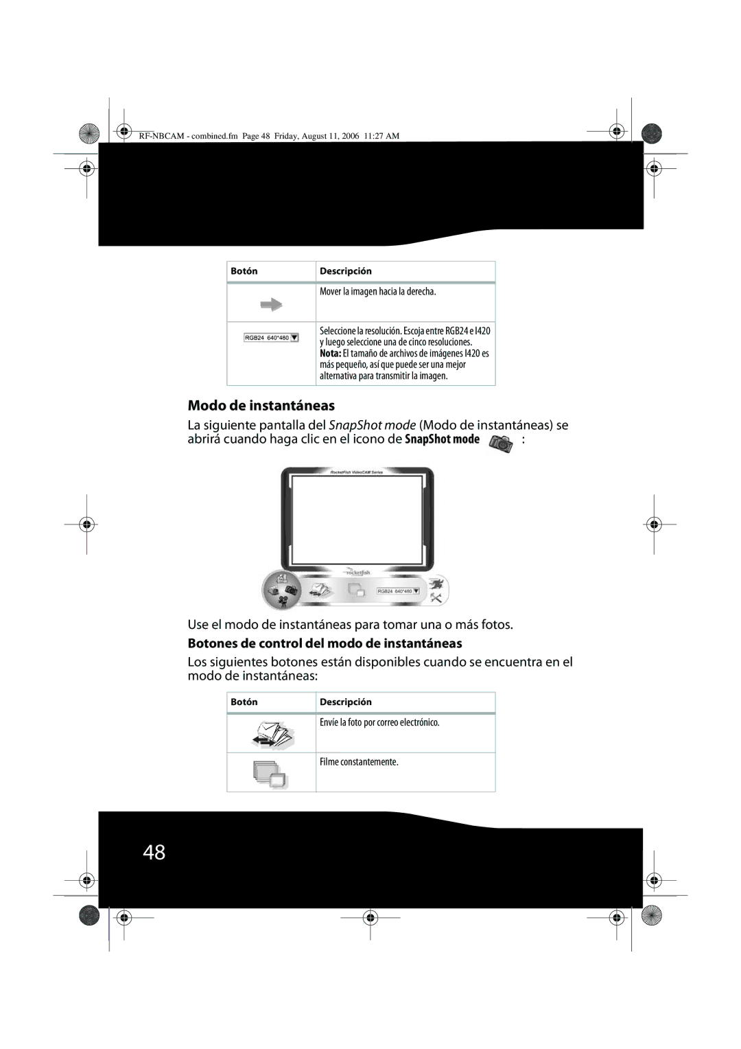 RocketFish RF-NBWEB, RF-NBCAM manual Modo de instantáneas, Botones de control del modo de instantáneas 