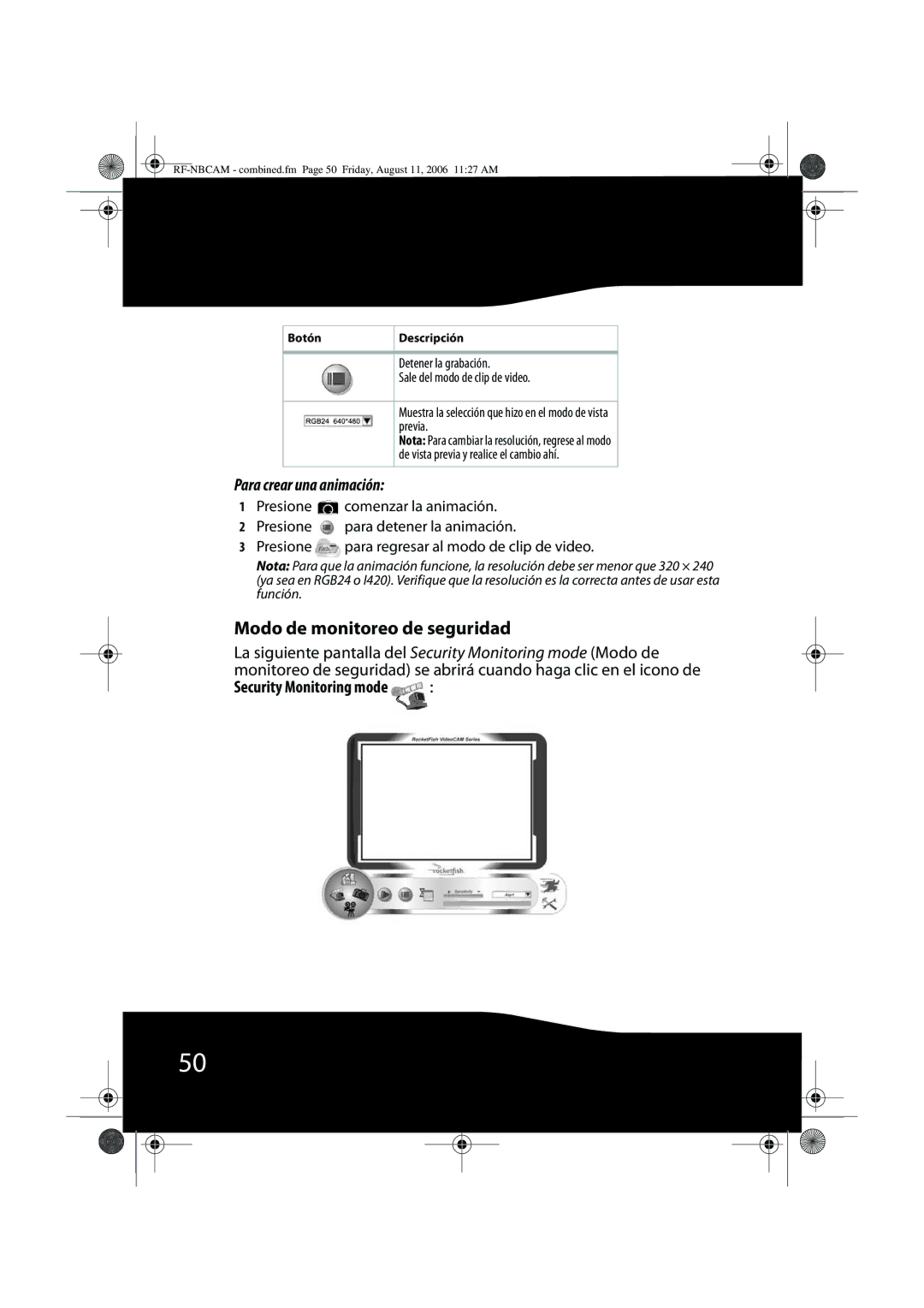 RocketFish RF-NBWEB, RF-NBCAM manual Modo de monitoreo de seguridad, Para crear una animación, Security Monitoring mode 