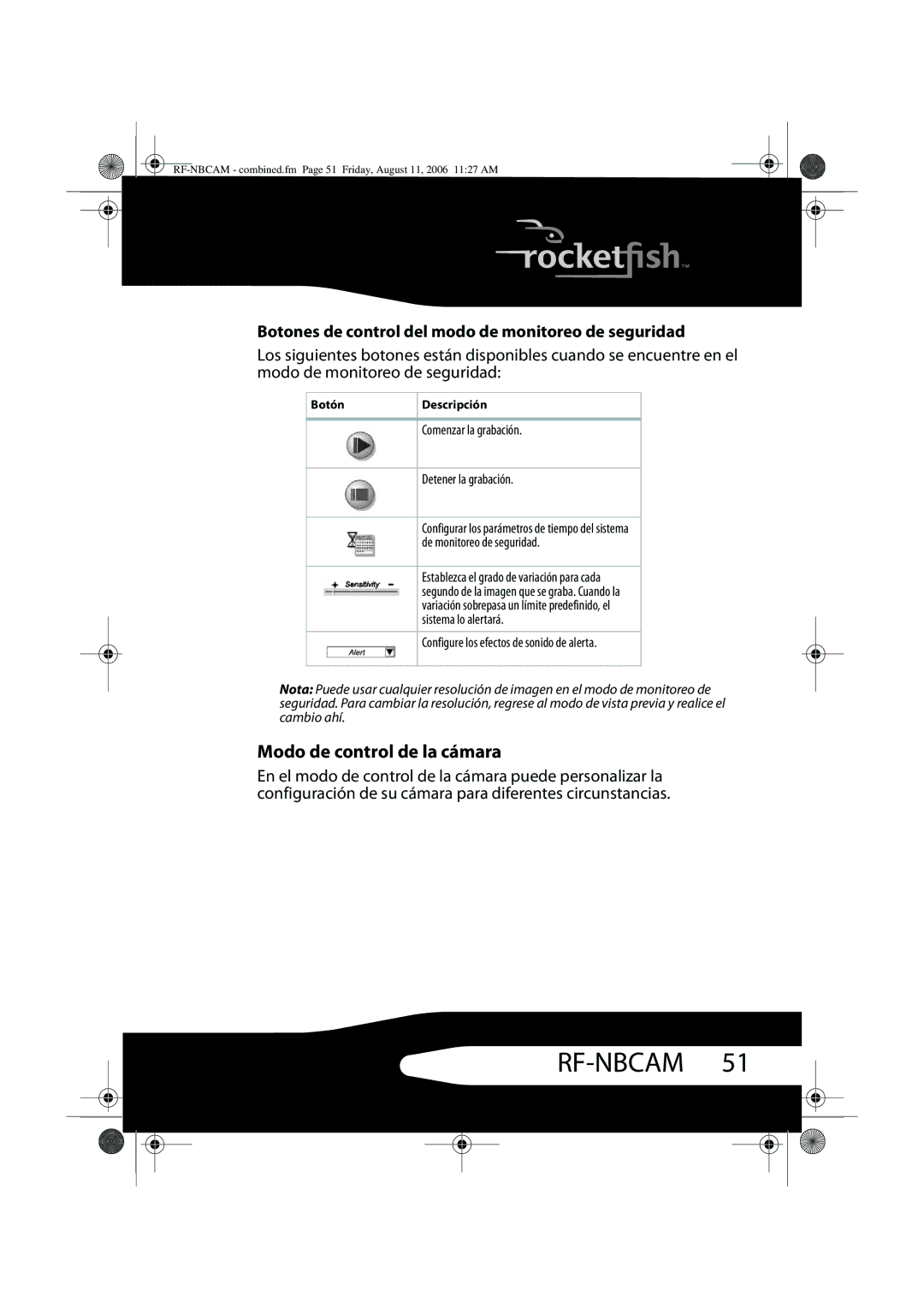 RocketFish RF-NBCAM, RF-NBWEB manual Modo de control de la cámara, Botones de control del modo de monitoreo de seguridad 