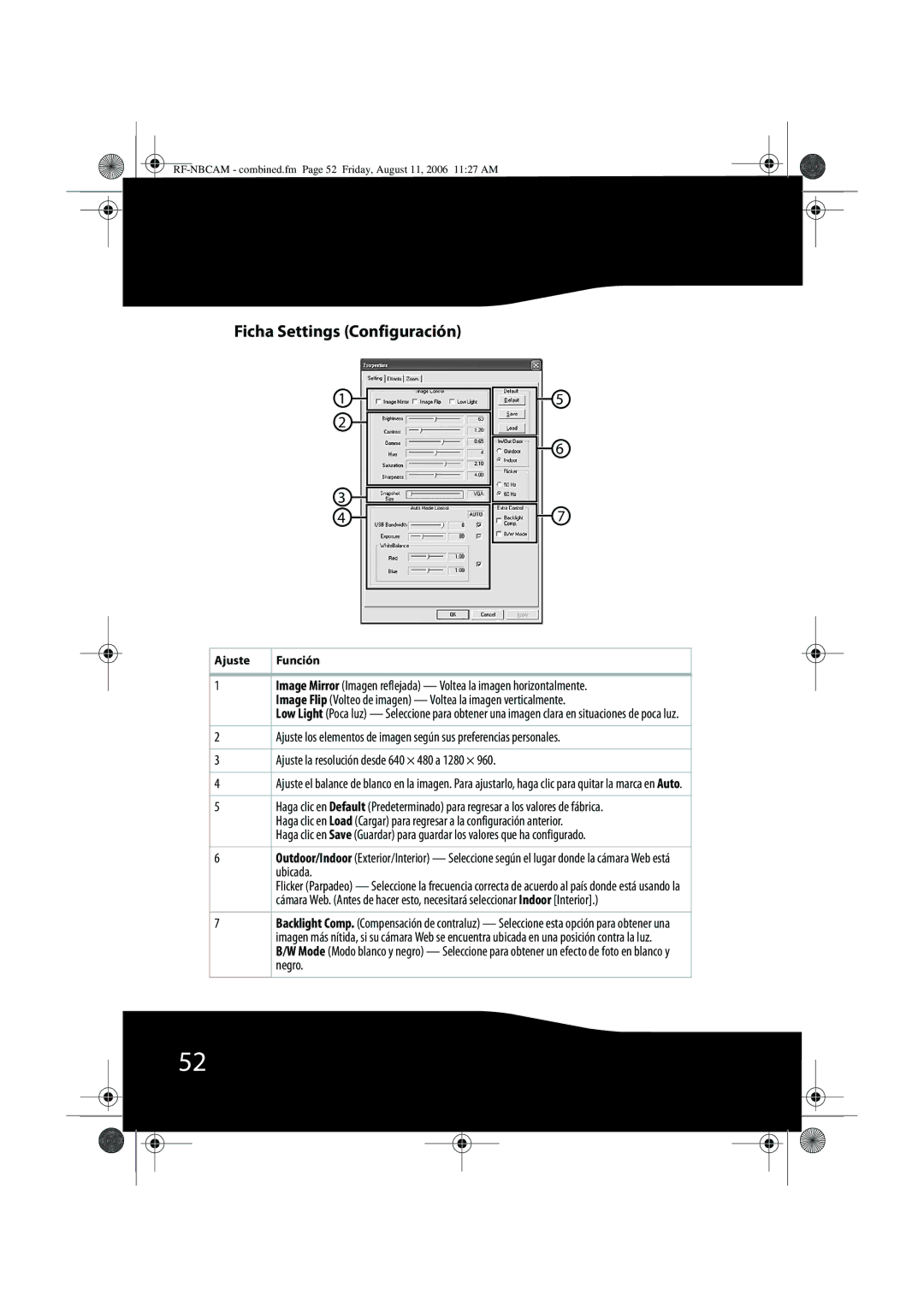 RocketFish RF-NBWEB, RF-NBCAM manual Ficha Settings Configuración, Ajuste 