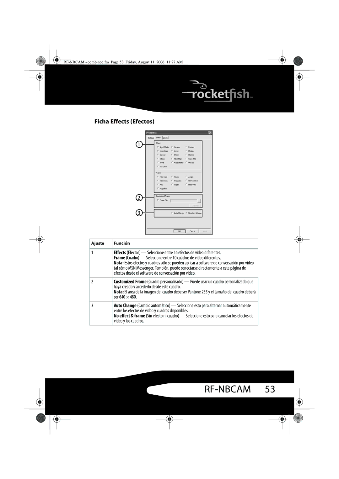 RocketFish RF-NBCAM, RF-NBWEB manual Ficha Effects Efectos 