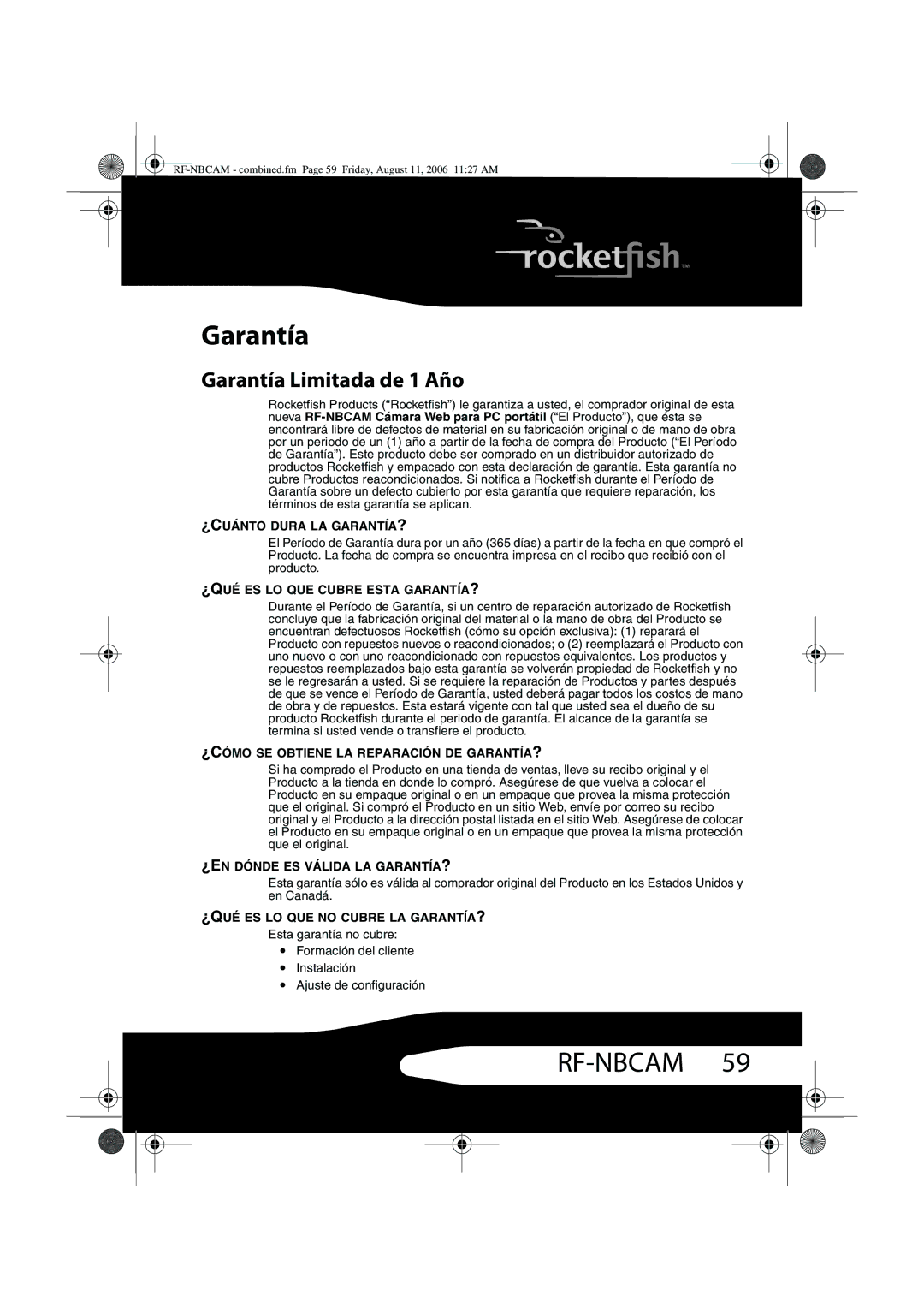 RocketFish RF-NBCAM, RF-NBWEB manual Garantía Limitada de 1 Año 